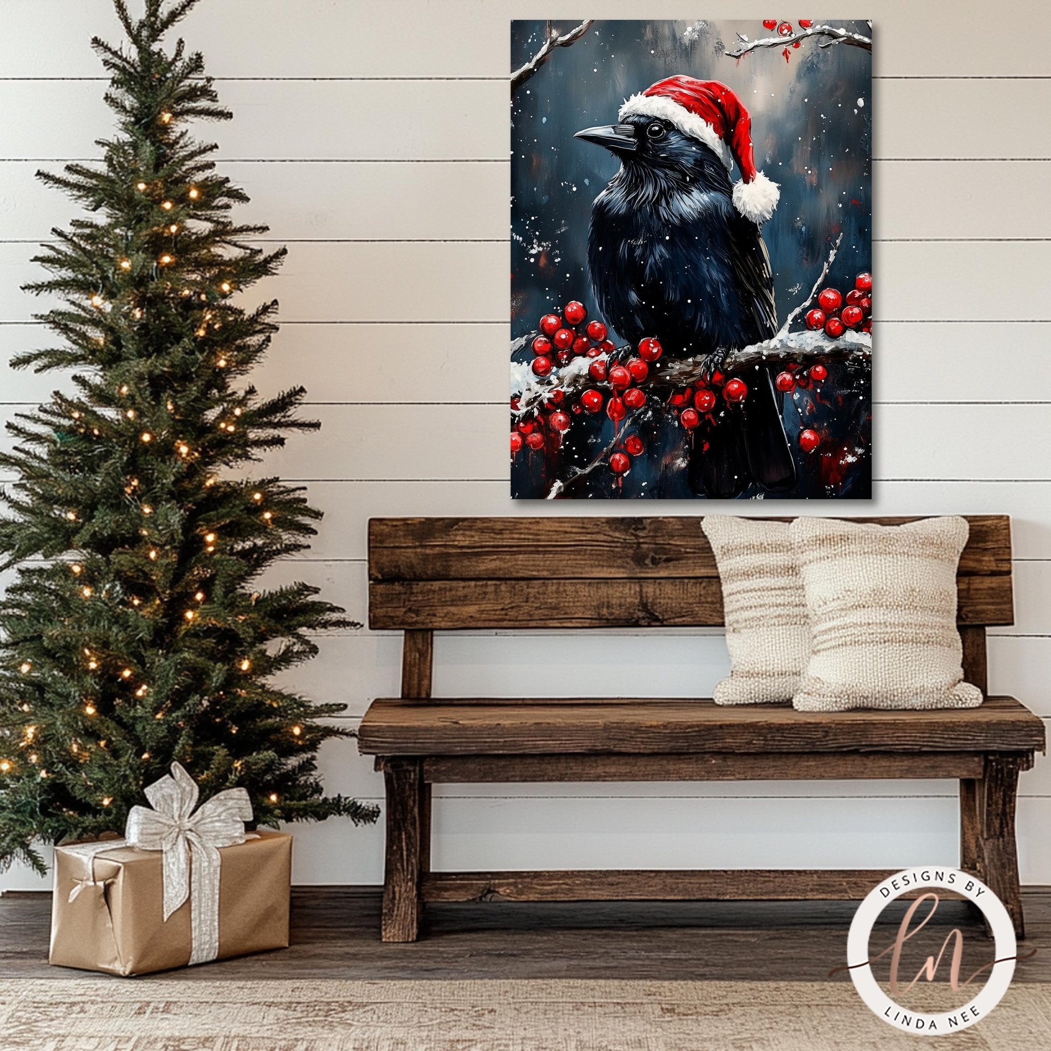 Raven on Holly Branch Christmas Art - Metal & Fine Art Print