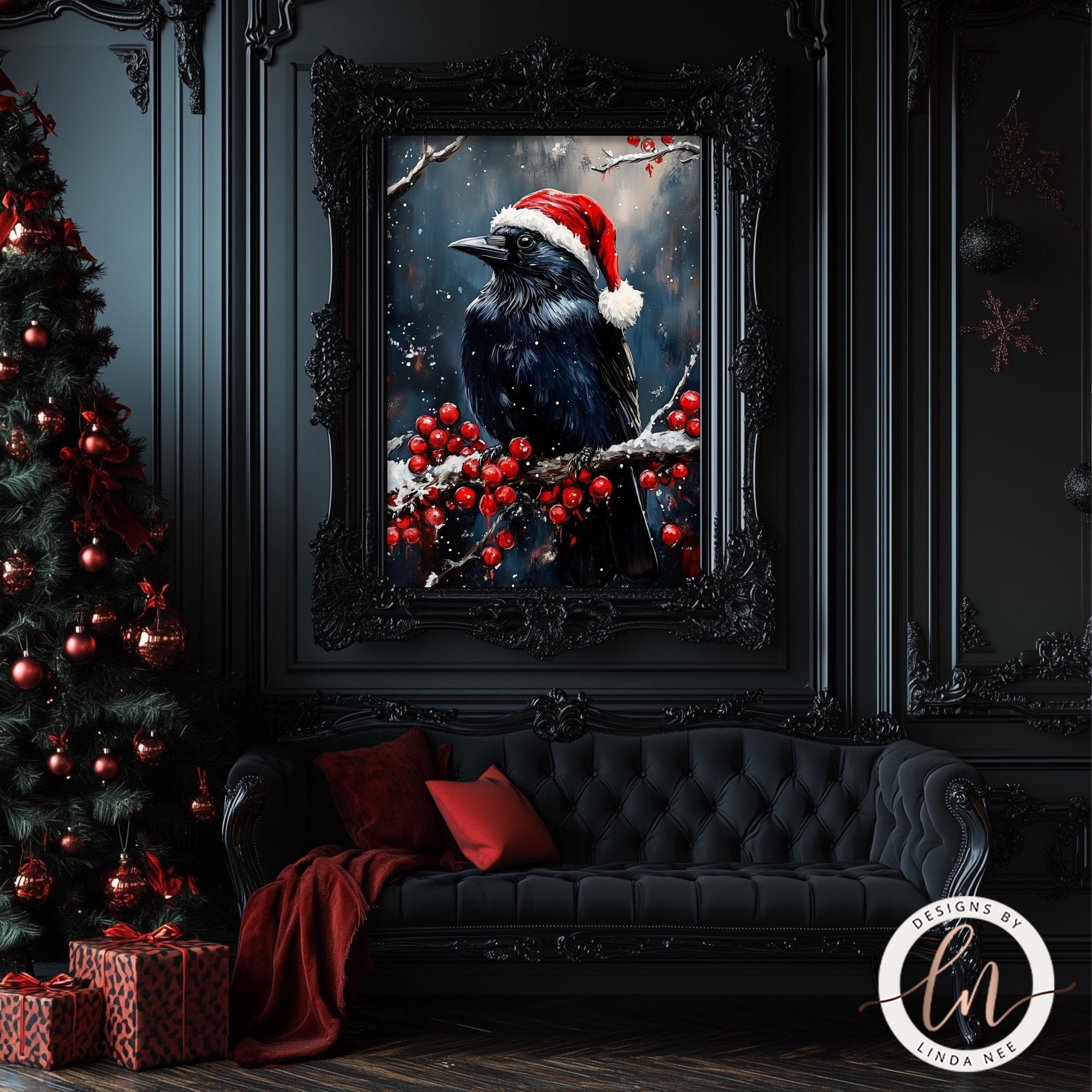 Raven on Holly Branch Christmas Art - Metal & Fine Art PrintDesigns by Linda Nee