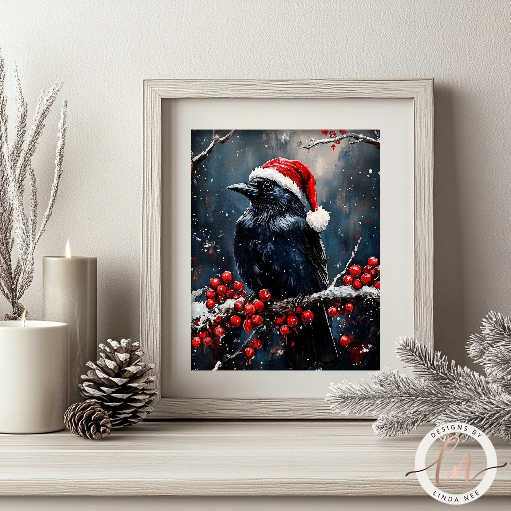 Raven on Holly Branch Christmas Art - Metal & Fine Art PrintDesigns by Linda Nee