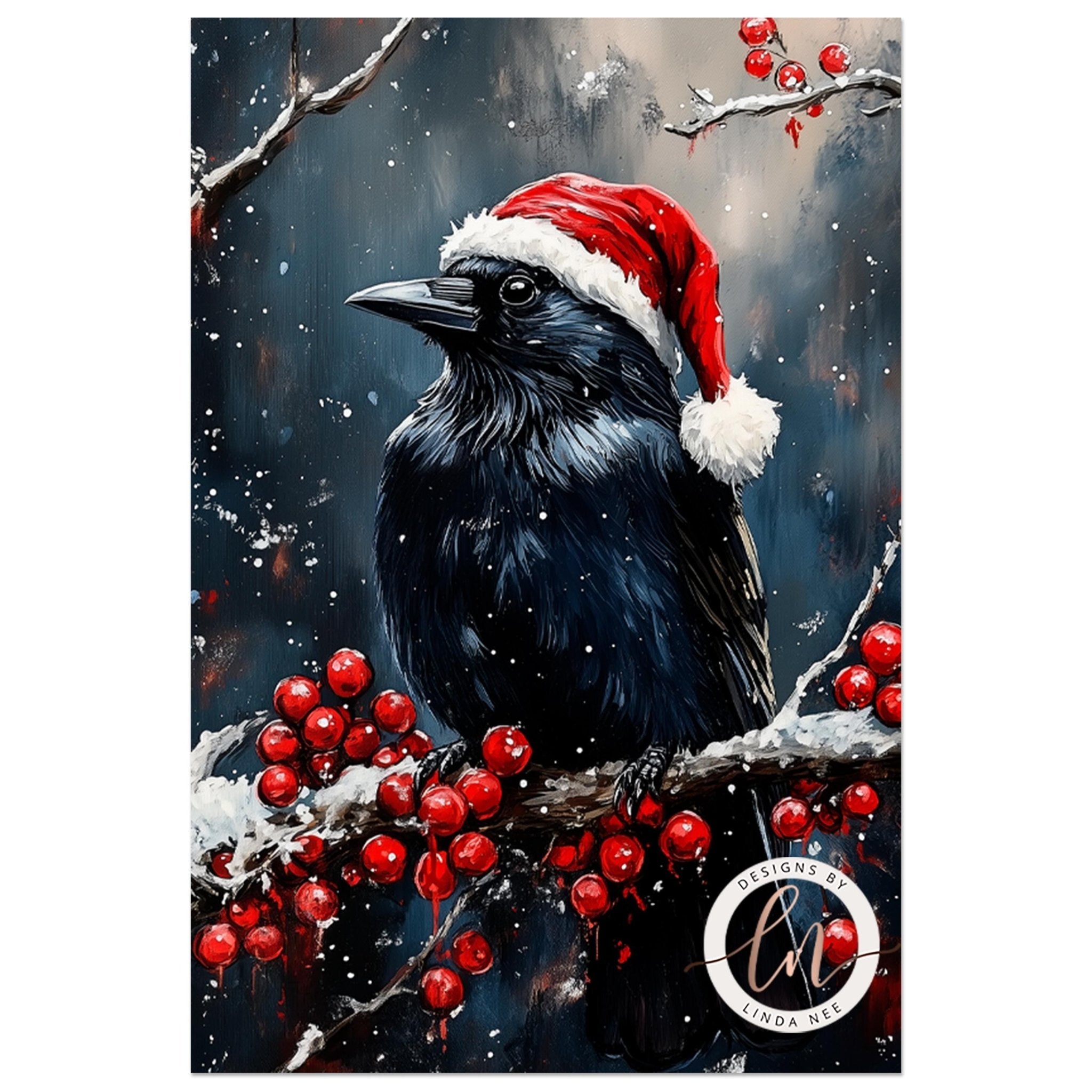 Raven on Holly Branch Christmas Art - Metal & Fine Art Print