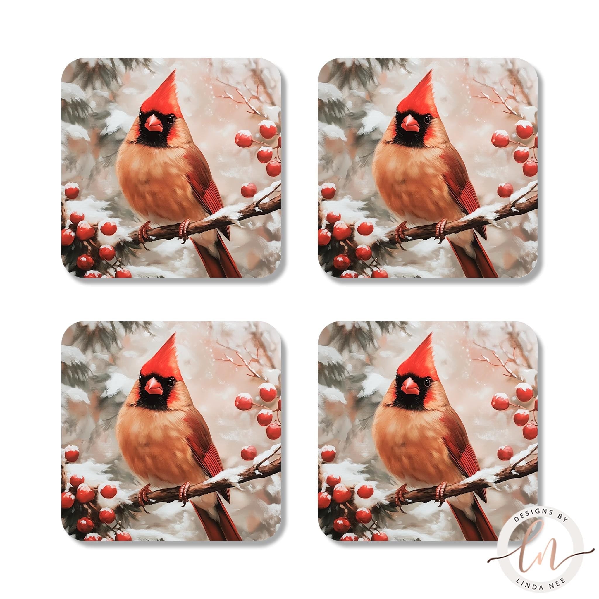 Red Cardinal Bird Coasters Set - Winter Wildlife Art Gift