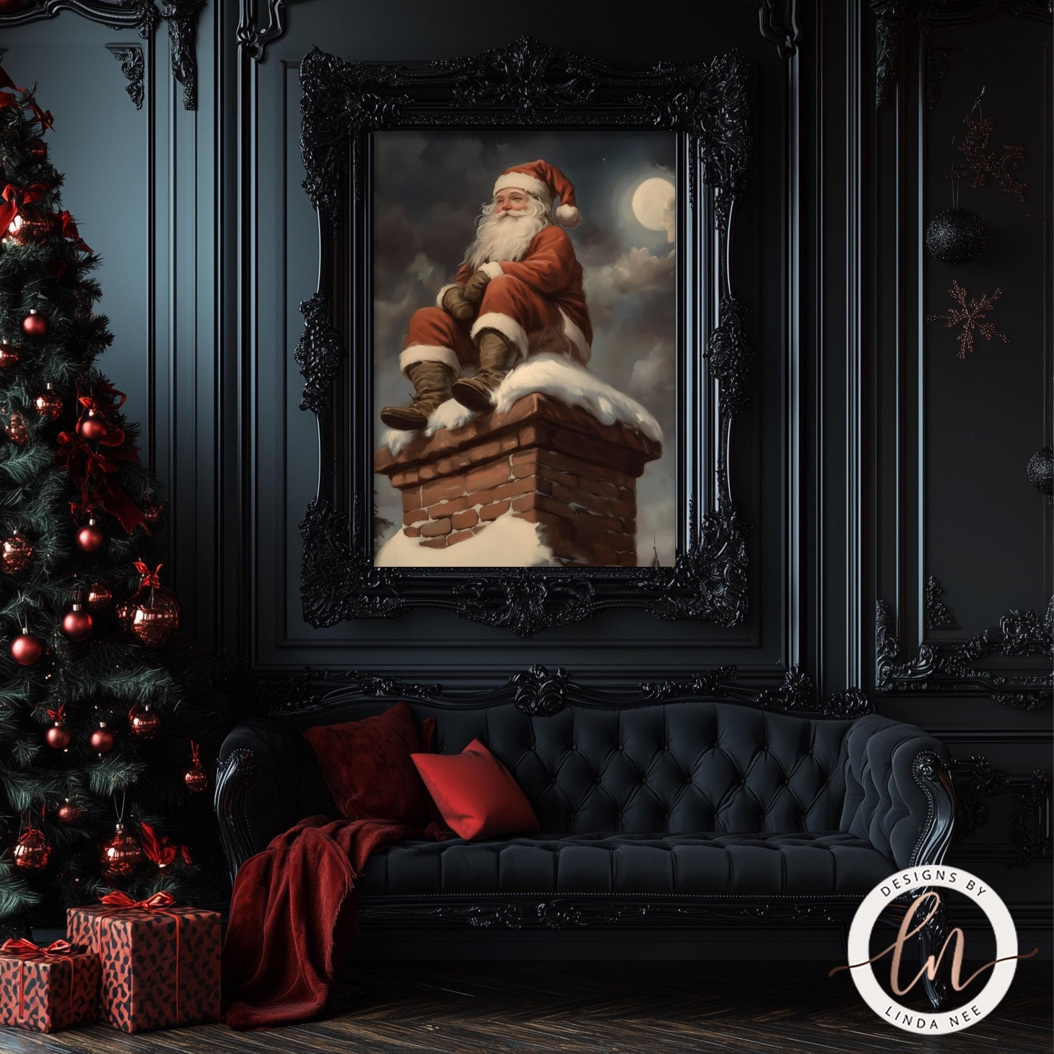 Santa on Chimney Wall Art - Vintage Dark Academia Christmas