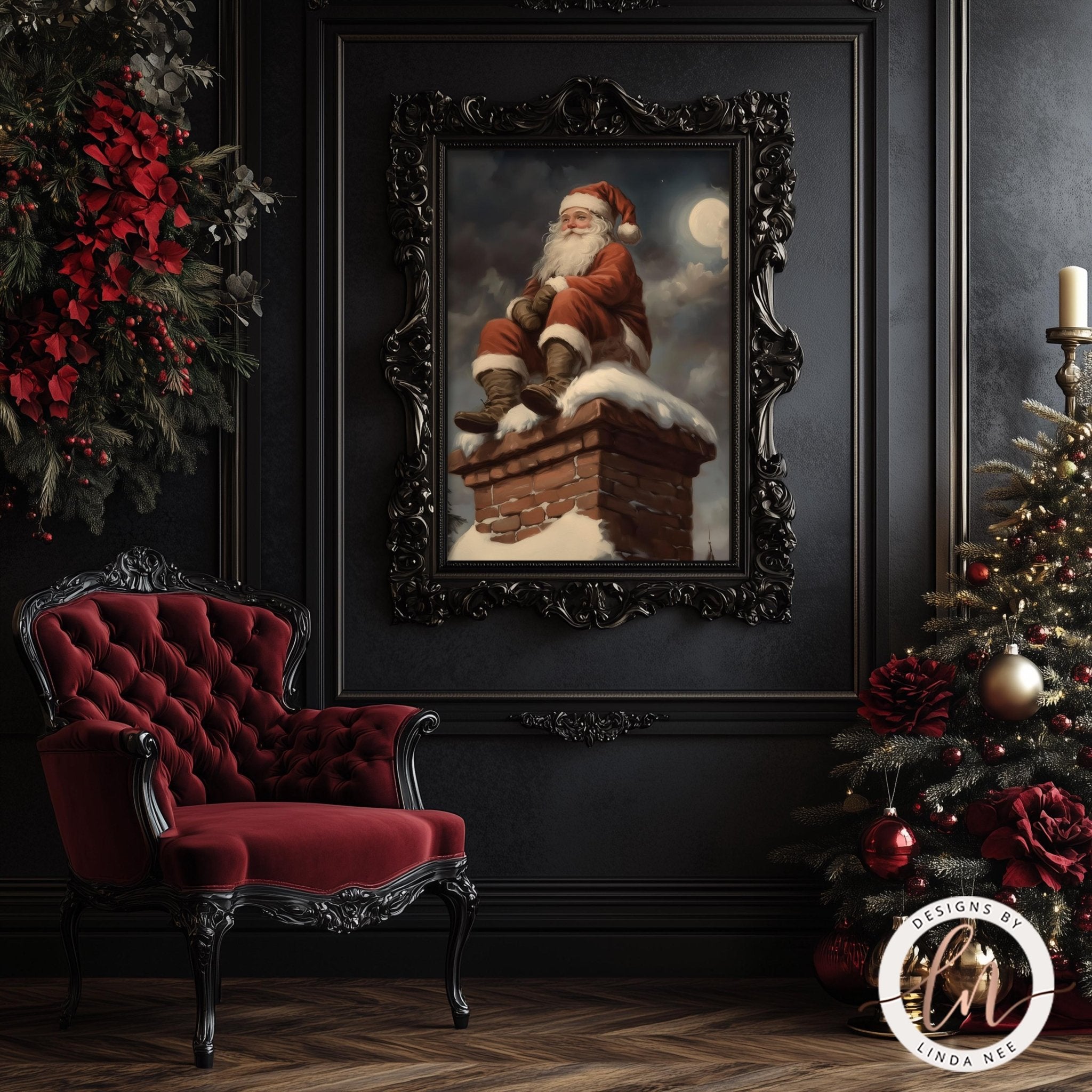 Santa on Chimney Wall Art - Vintage Dark Academia Christmas