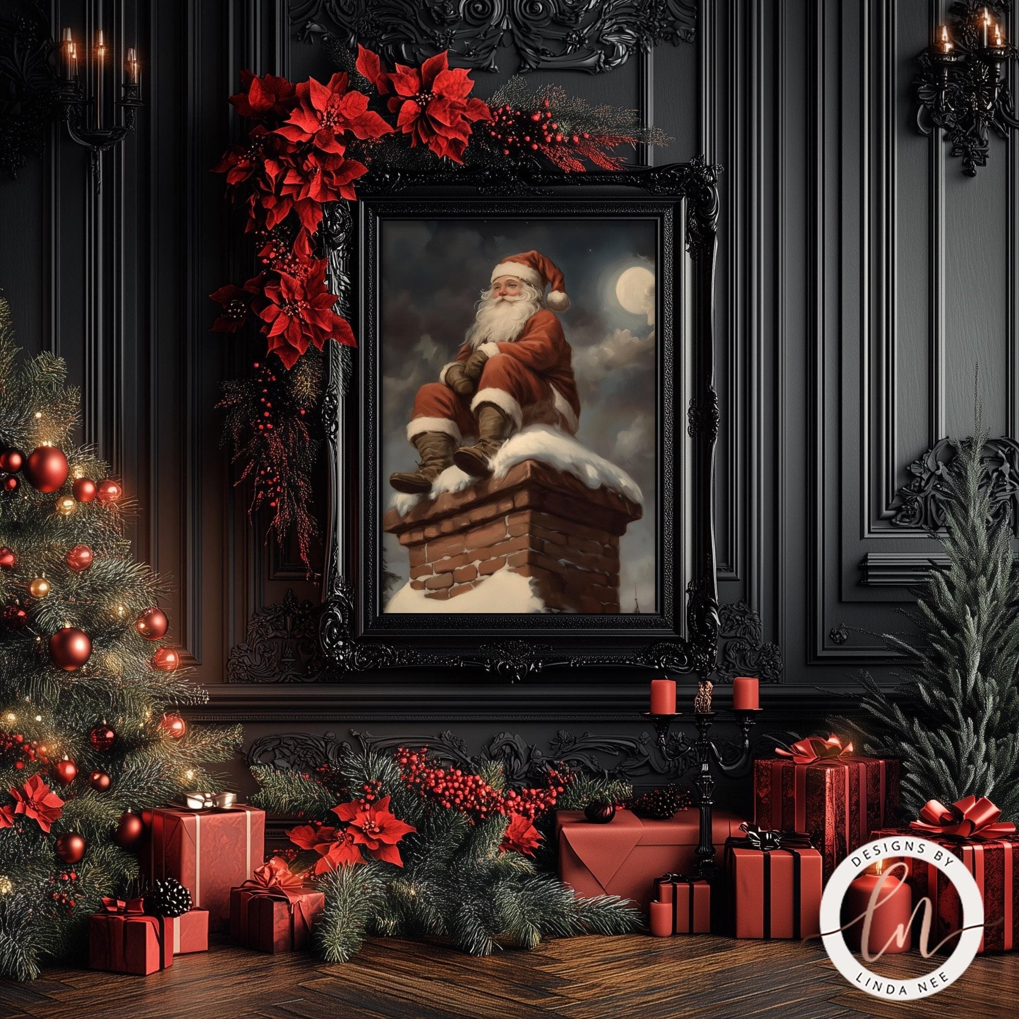 Santa on Chimney Wall Art - Vintage Dark Academia Christmas