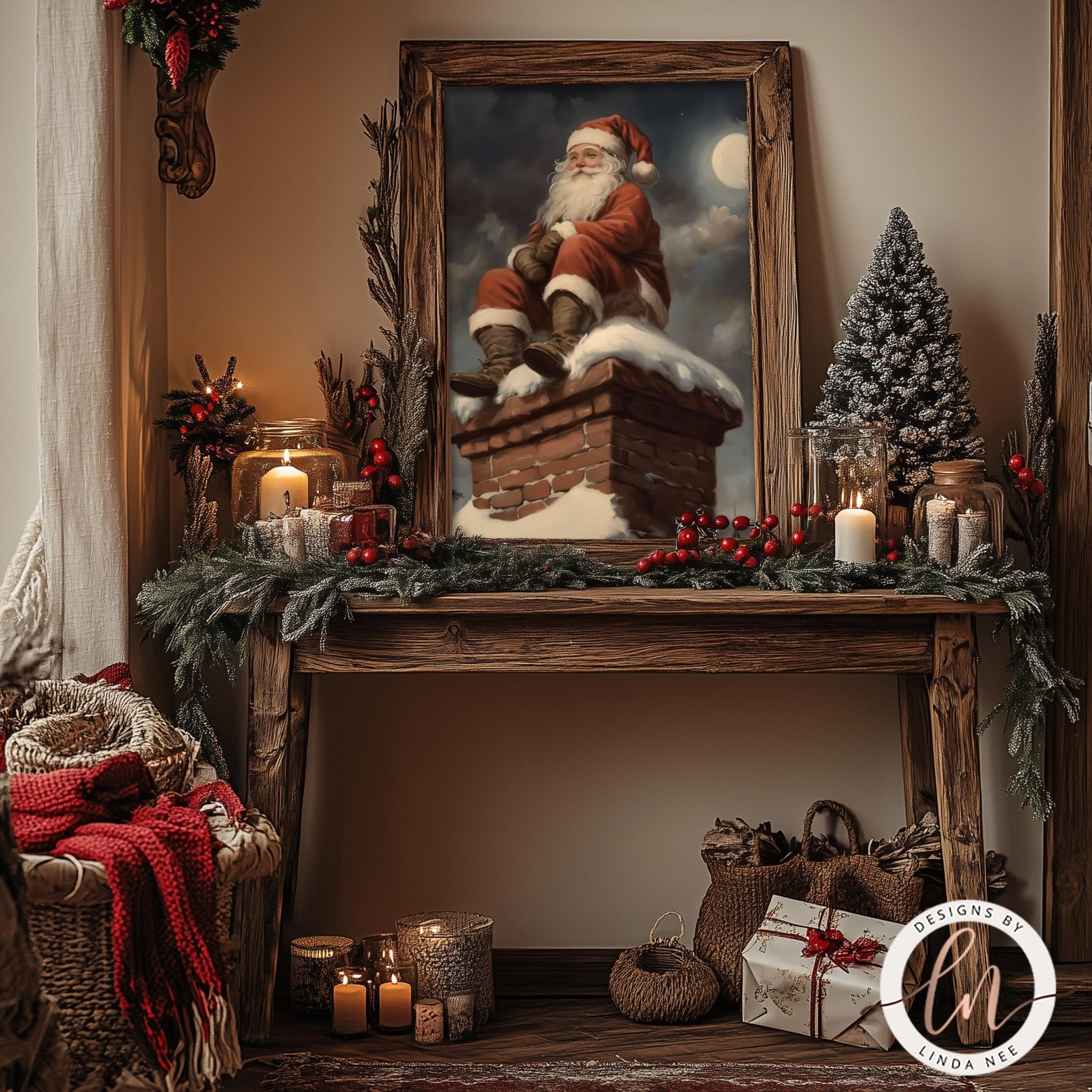 Santa on Chimney Wall Art - Vintage Dark Academia Christmas