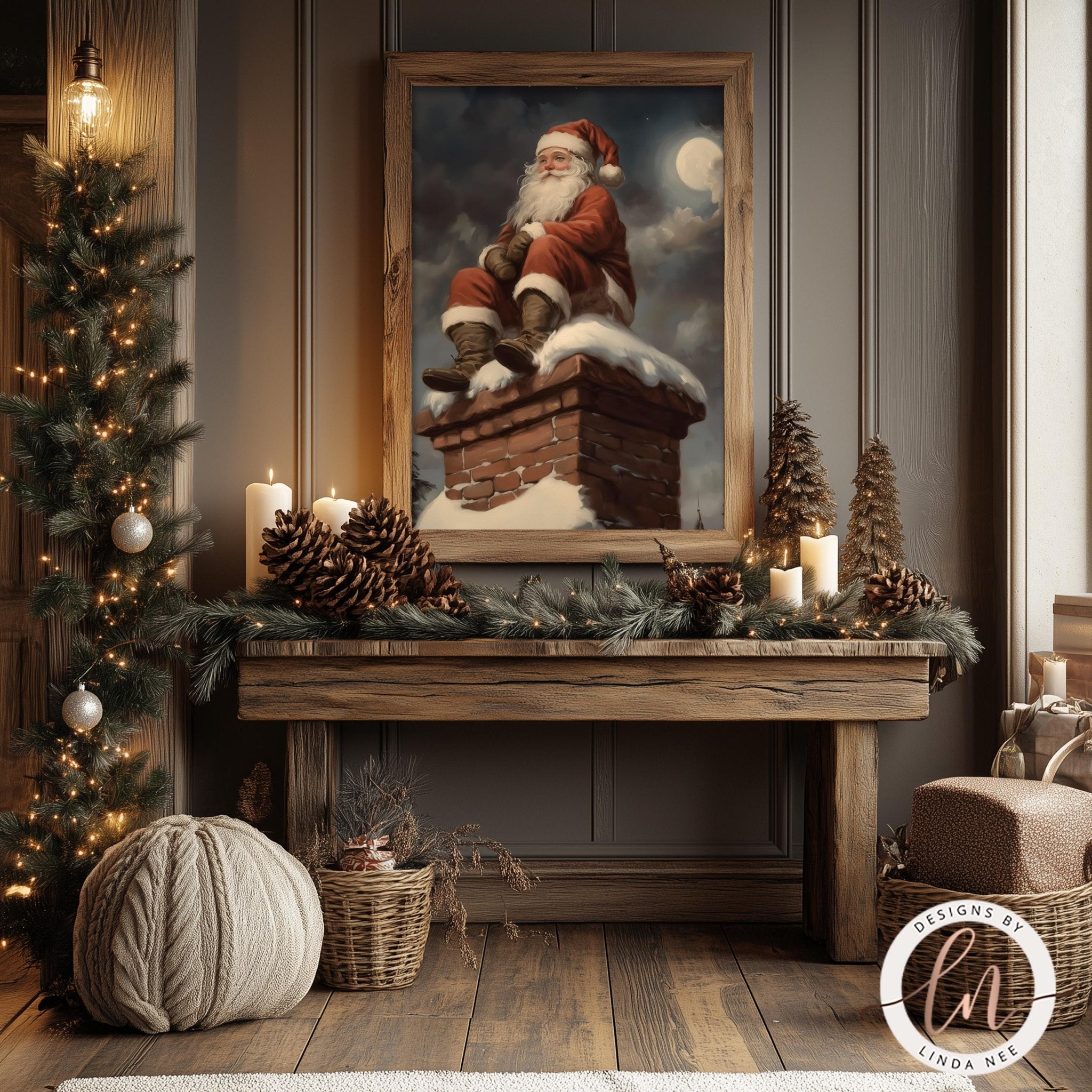 Santa on Chimney Wall Art - Vintage Dark Academia Christmas