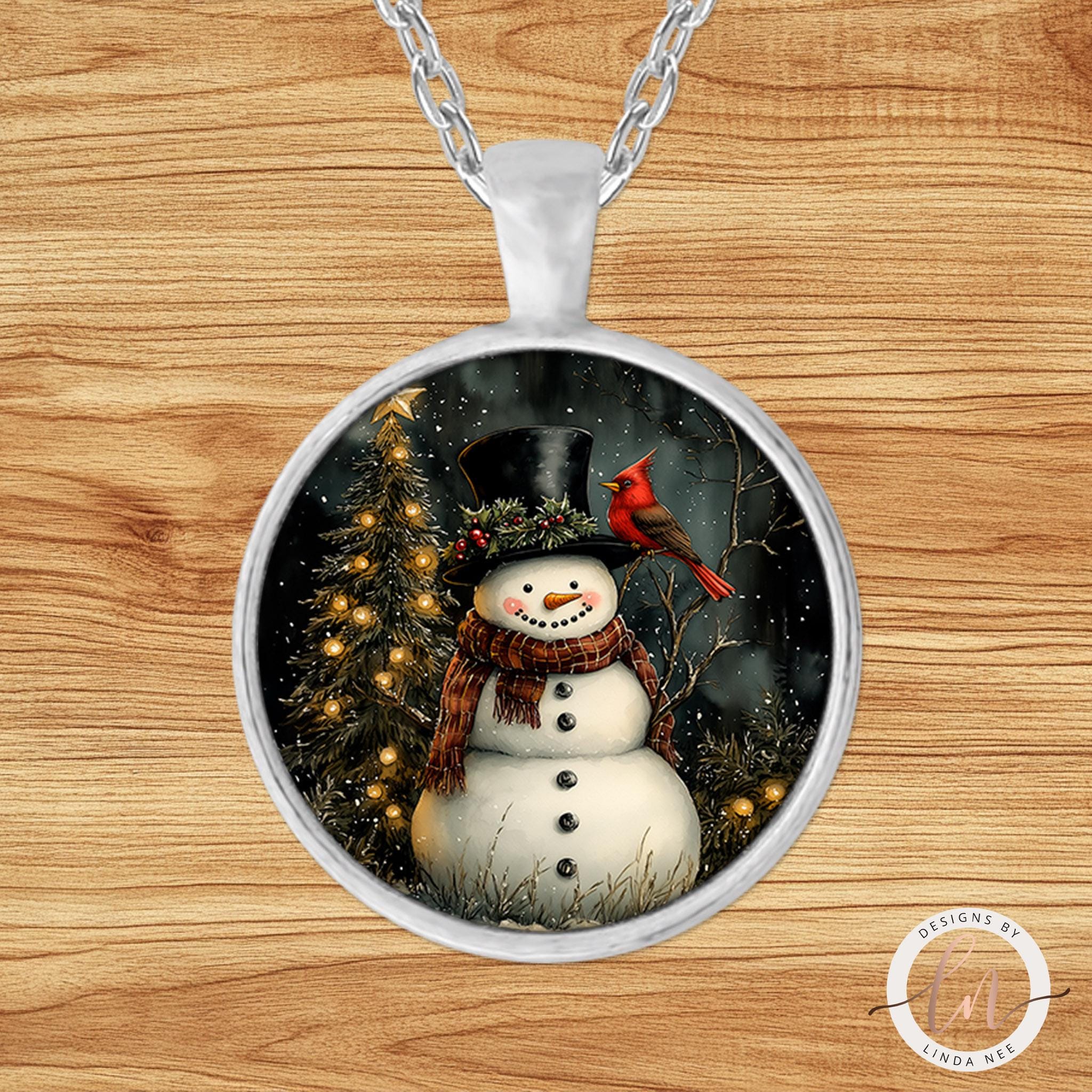 Snowman and Cardinal Pendant - Vintage Christmas Necklace