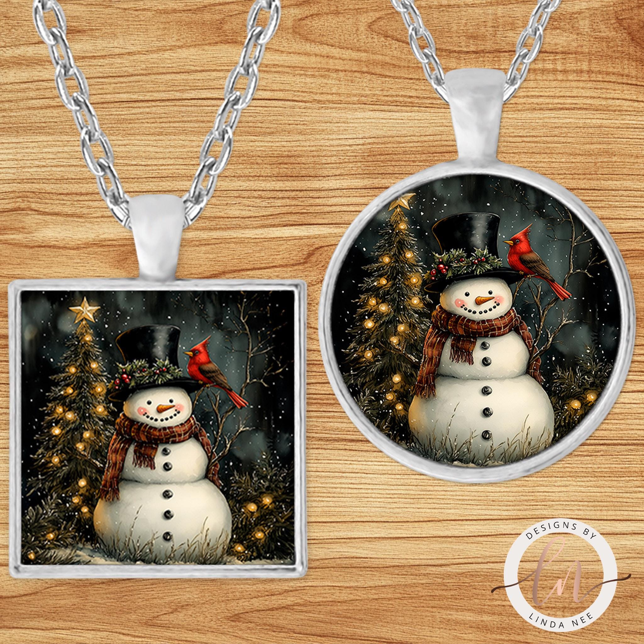 Snowman and Cardinal Pendant - Vintage Christmas Necklace