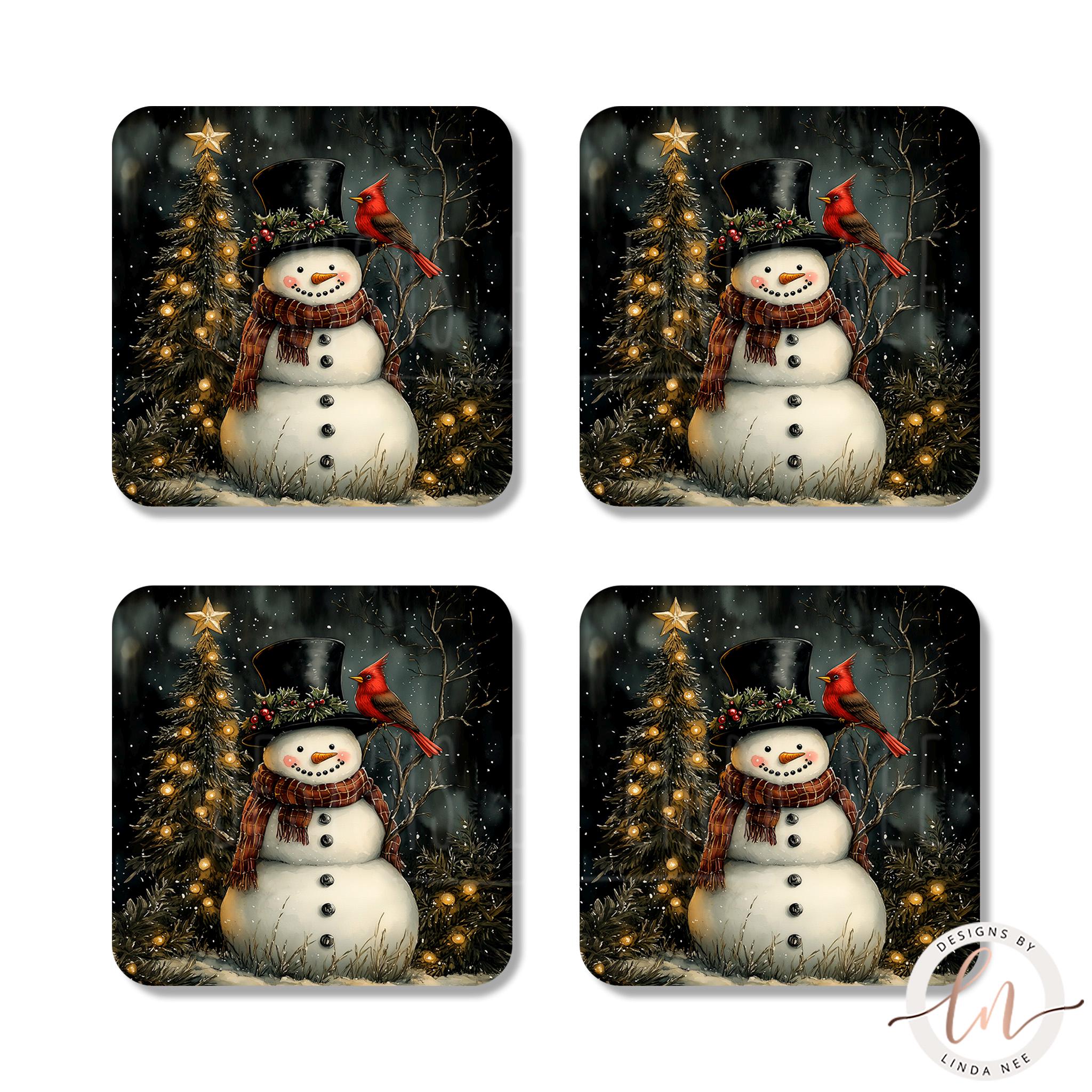 Snowman Coasters Set - Vintage Snowmen and Cardinal Art