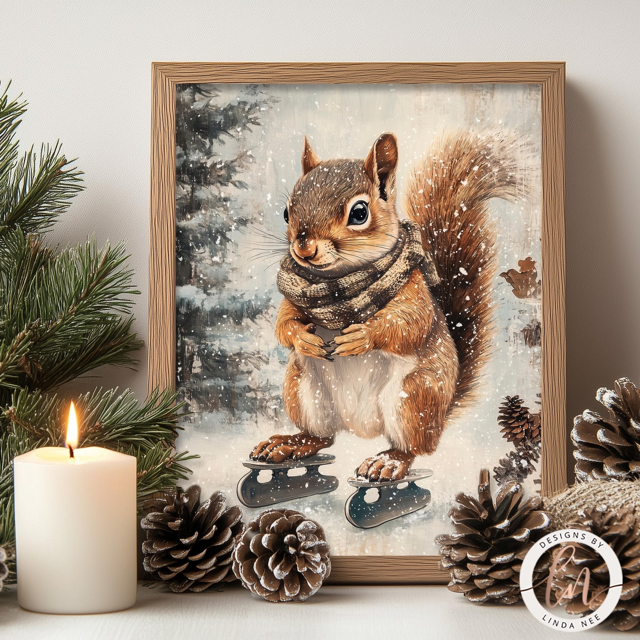 Squirrel Ice Skating Art - Metal & Fine Print for Winter Fun