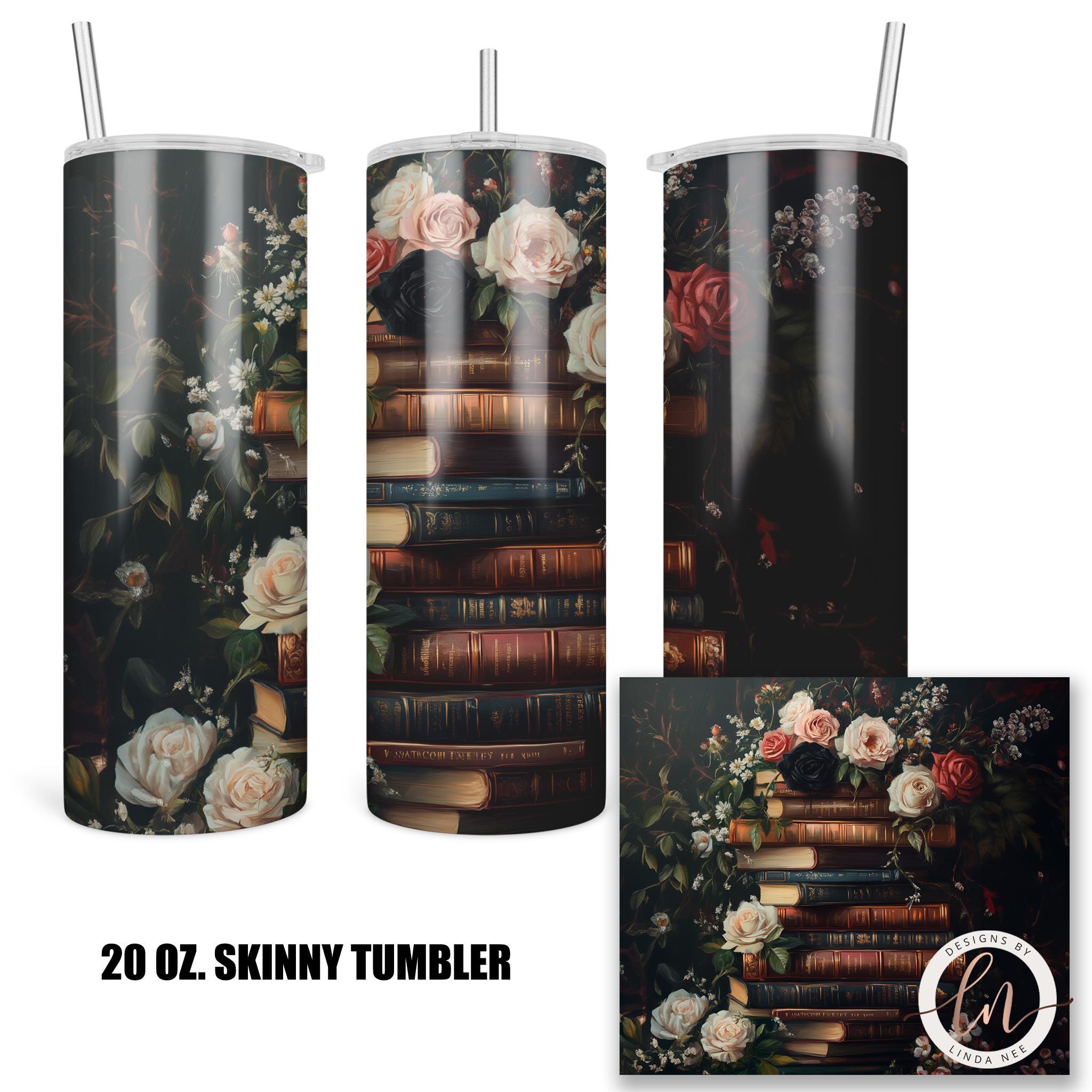 Stack of Books Tumbler - Floral Literary Bookish Gift Cup