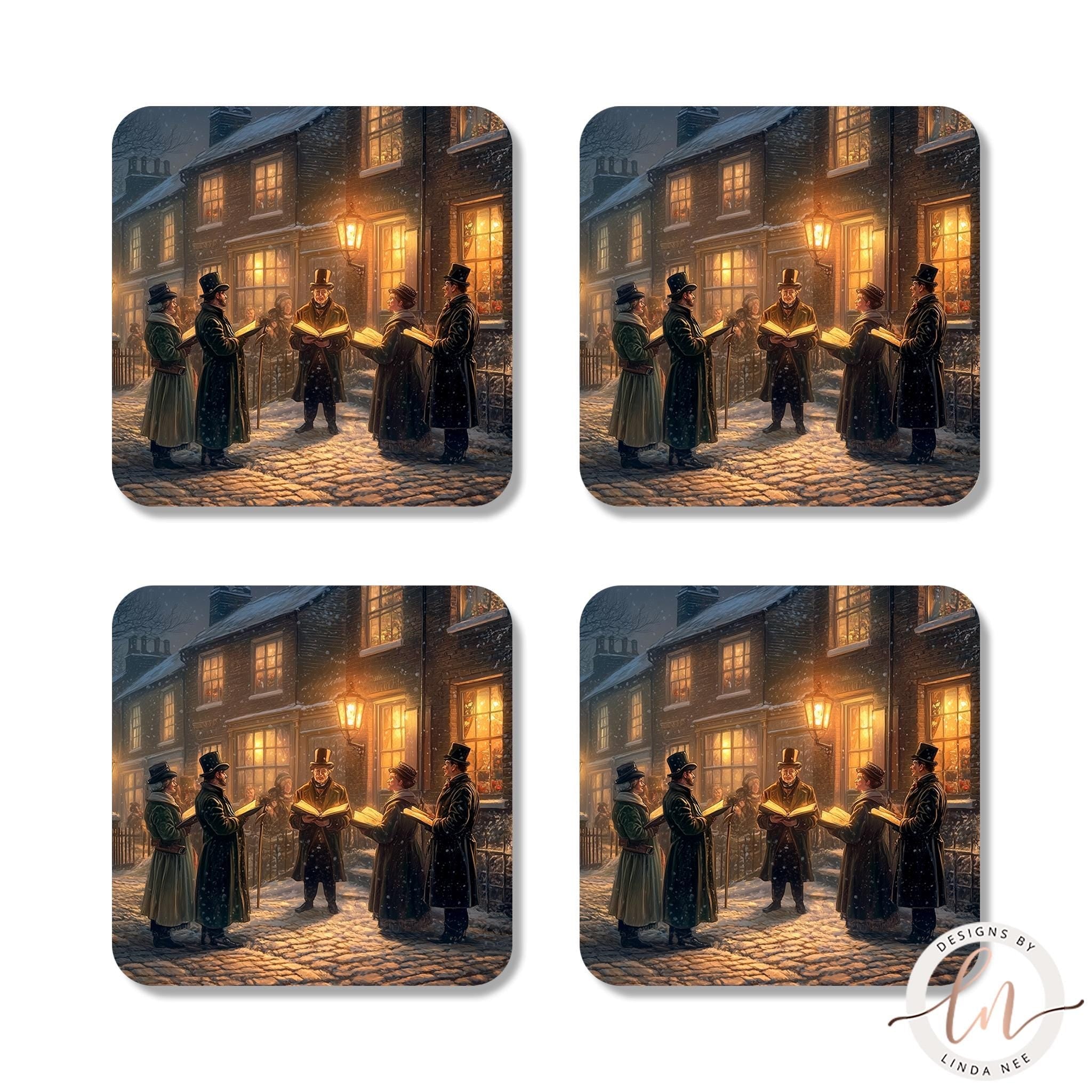 Victorian Christmas Carolers Coasters Set - Holiday Art