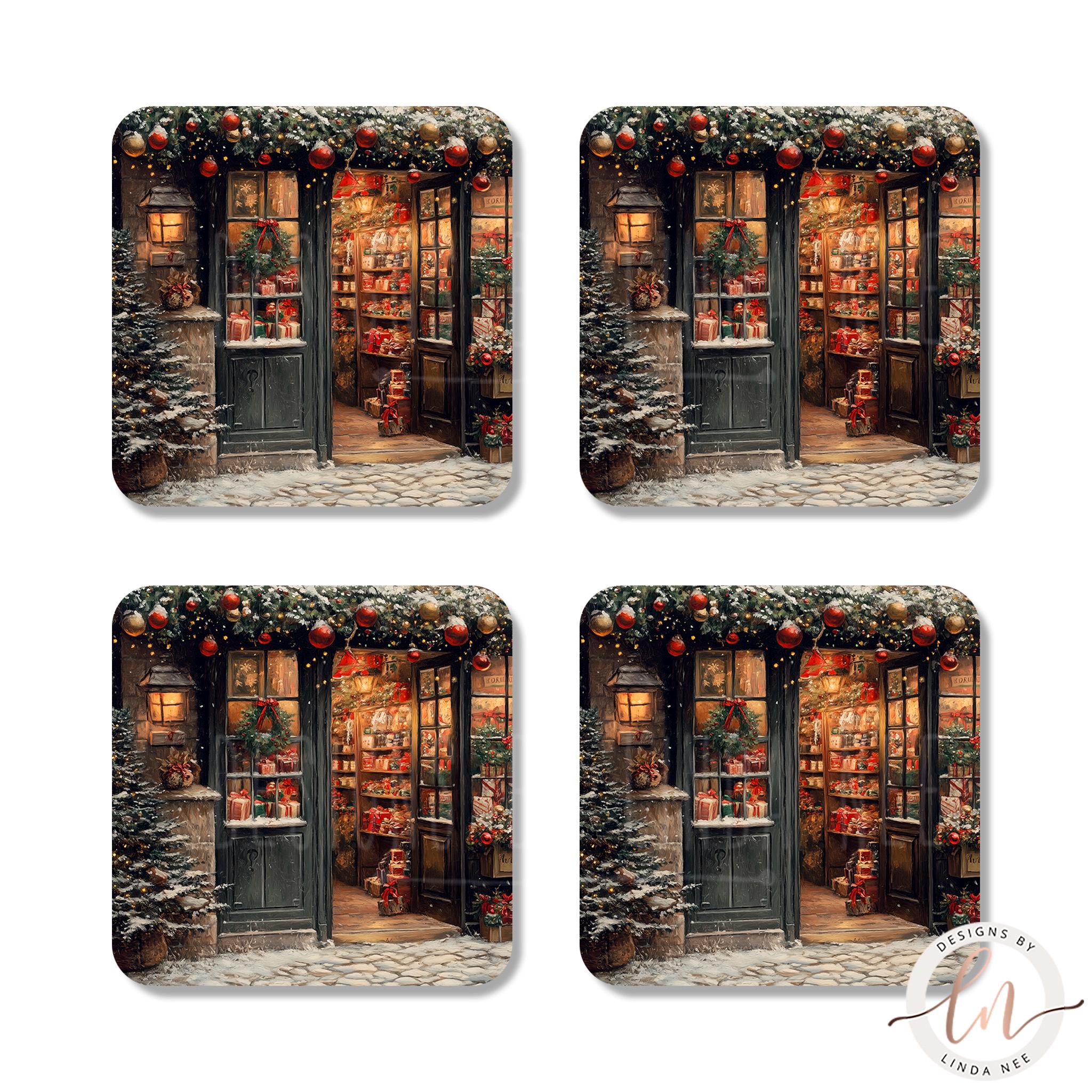 Victorian Christmas Coasters Set - Antique Toy Shop Art