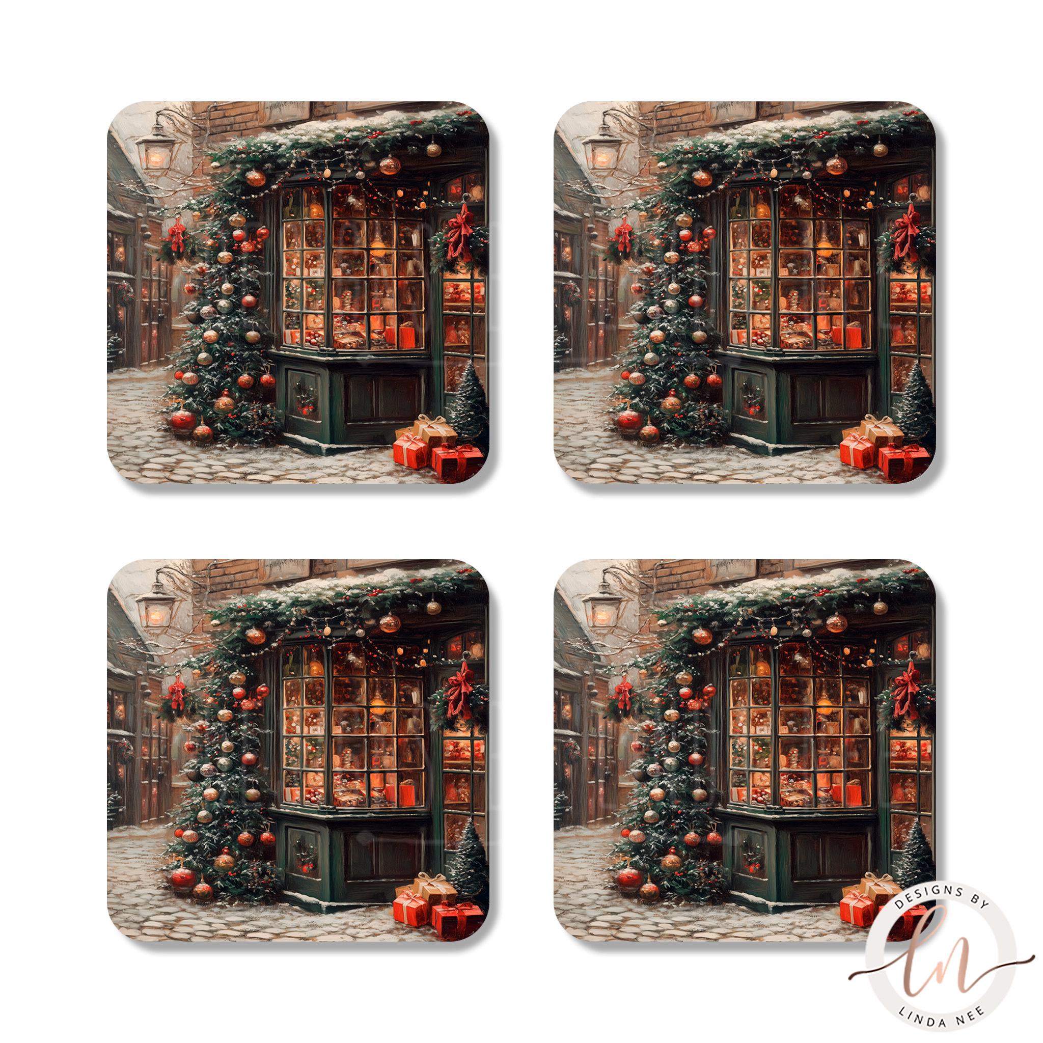 Victorian Christmas Store Coasters Set - Winter Art