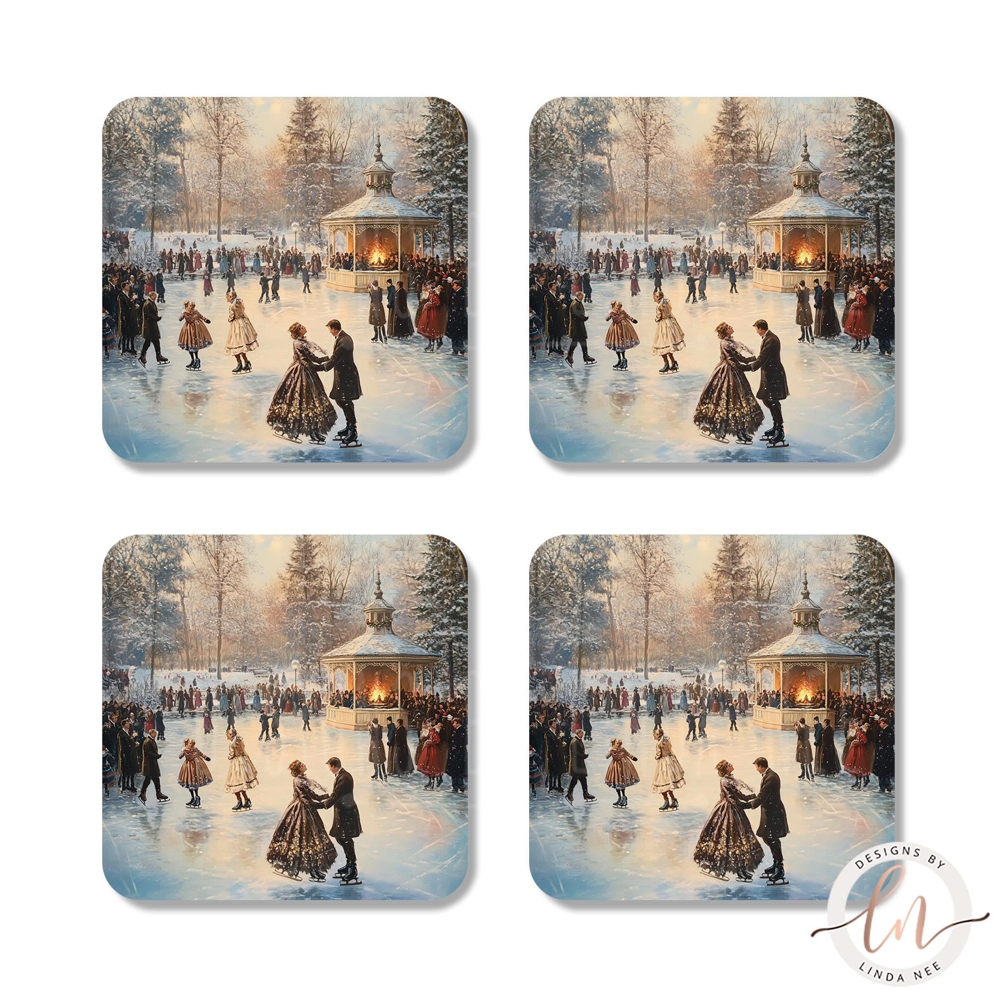 Victorian Skating Rink Coasters Set - Classic Winter Scene