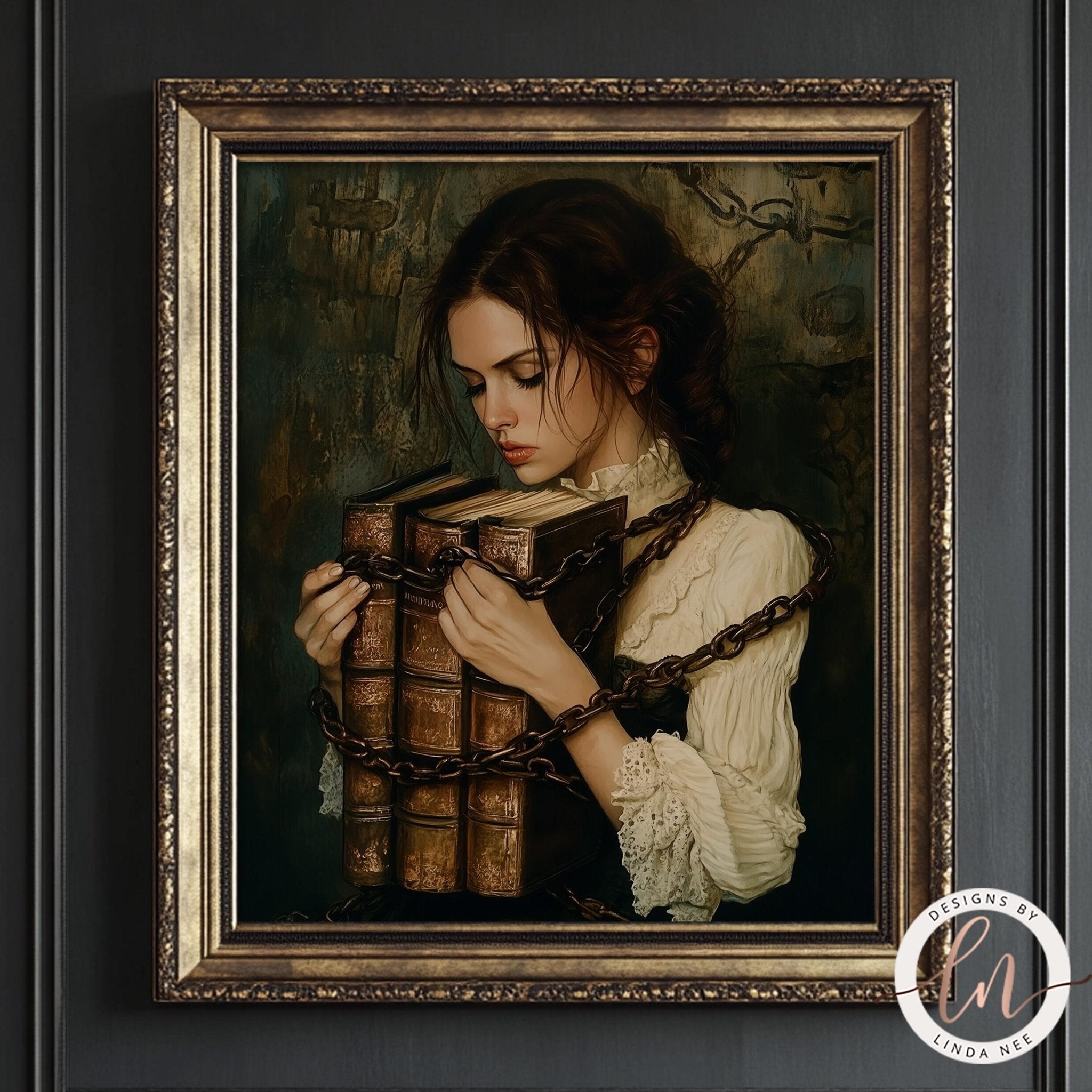 Victorian Woman with Chained Books