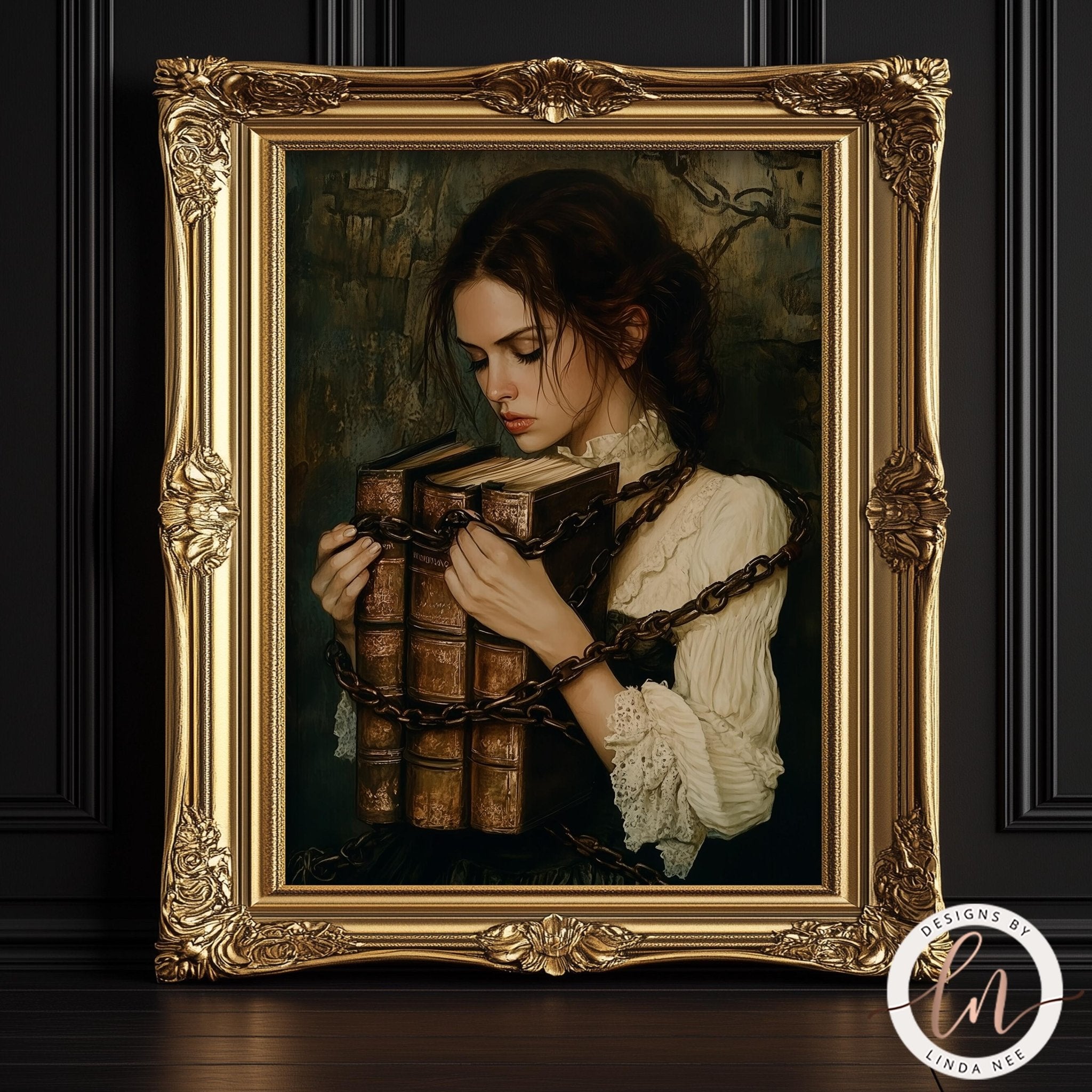 Victorian Woman with Chained Books