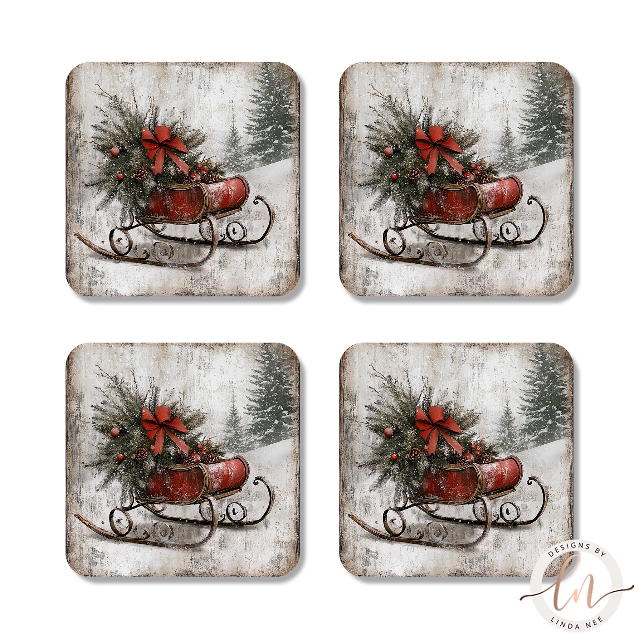 Vintage Christmas Sleigh Coasters Set - Rustic Holiday Art