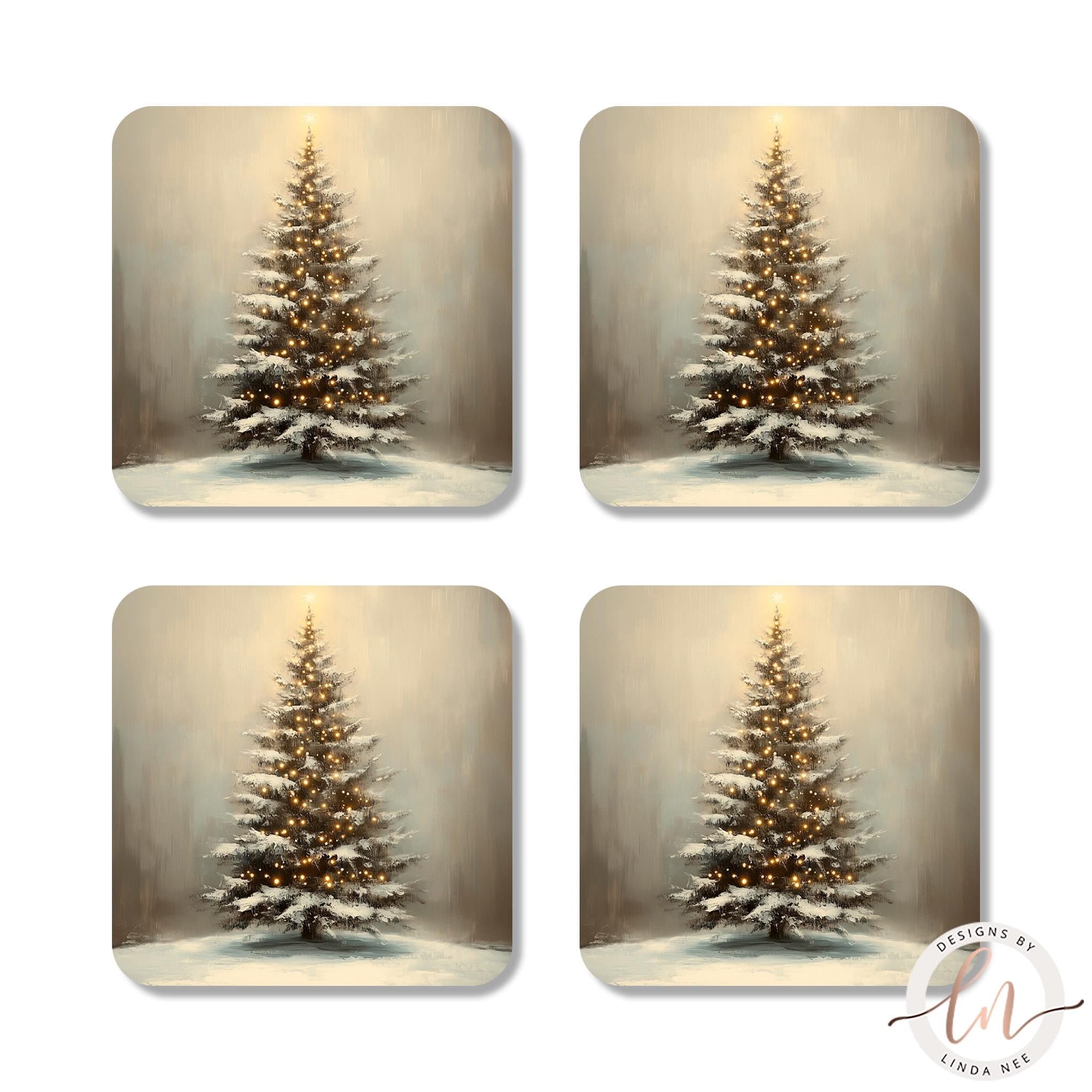 Vintage Christmas Tree Coasters Set - Rustic Holiday Art