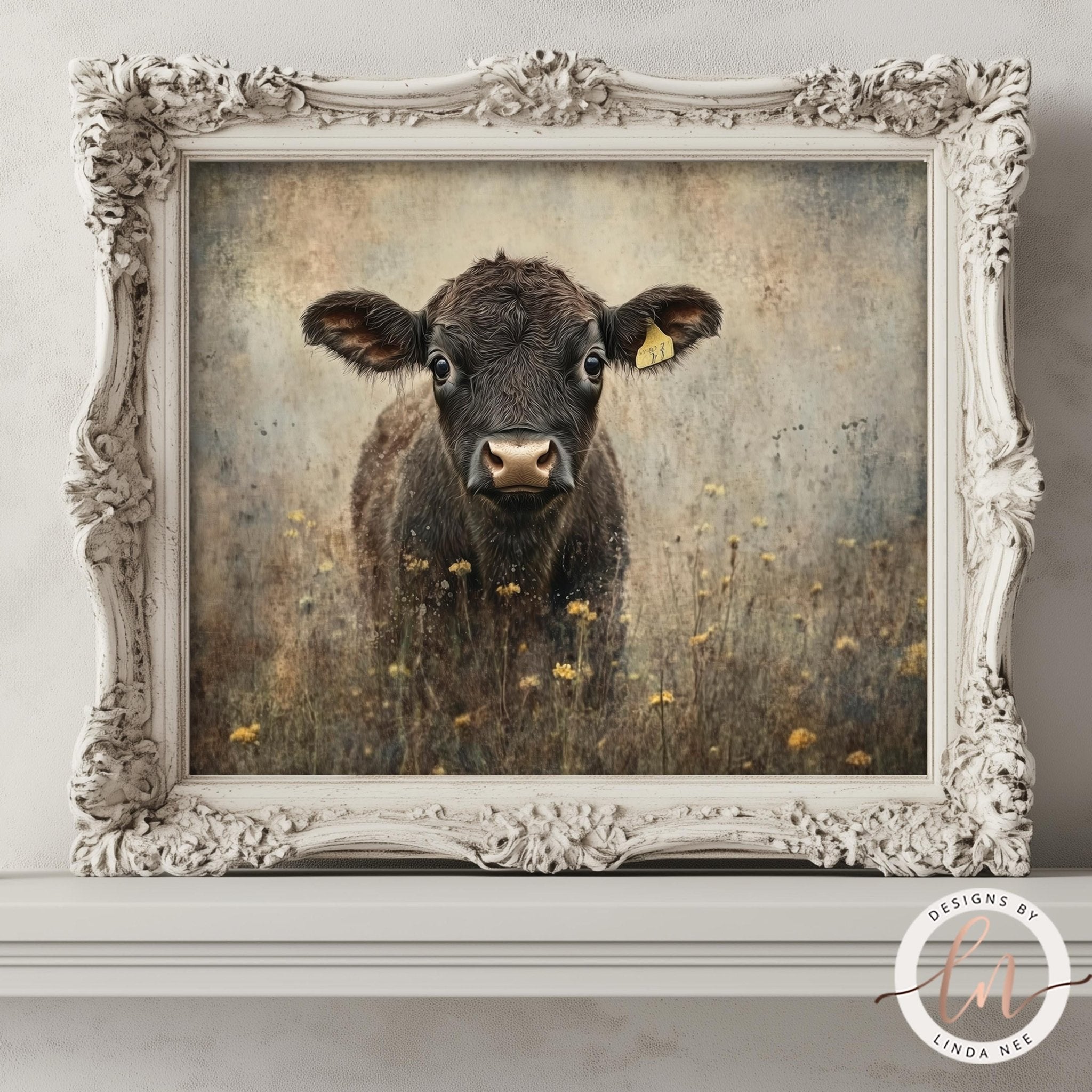 Vintage Cow & Wildflowers Art