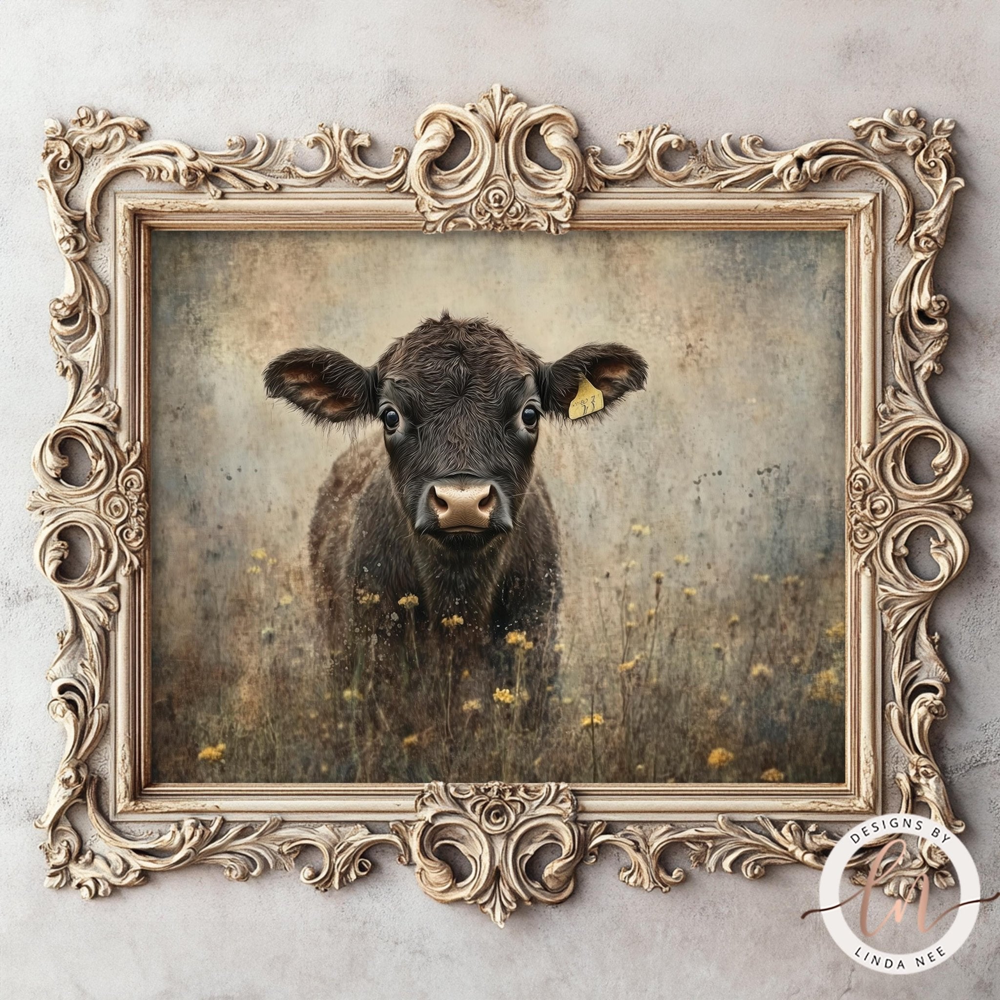 Vintage Cow & Wildflowers Art