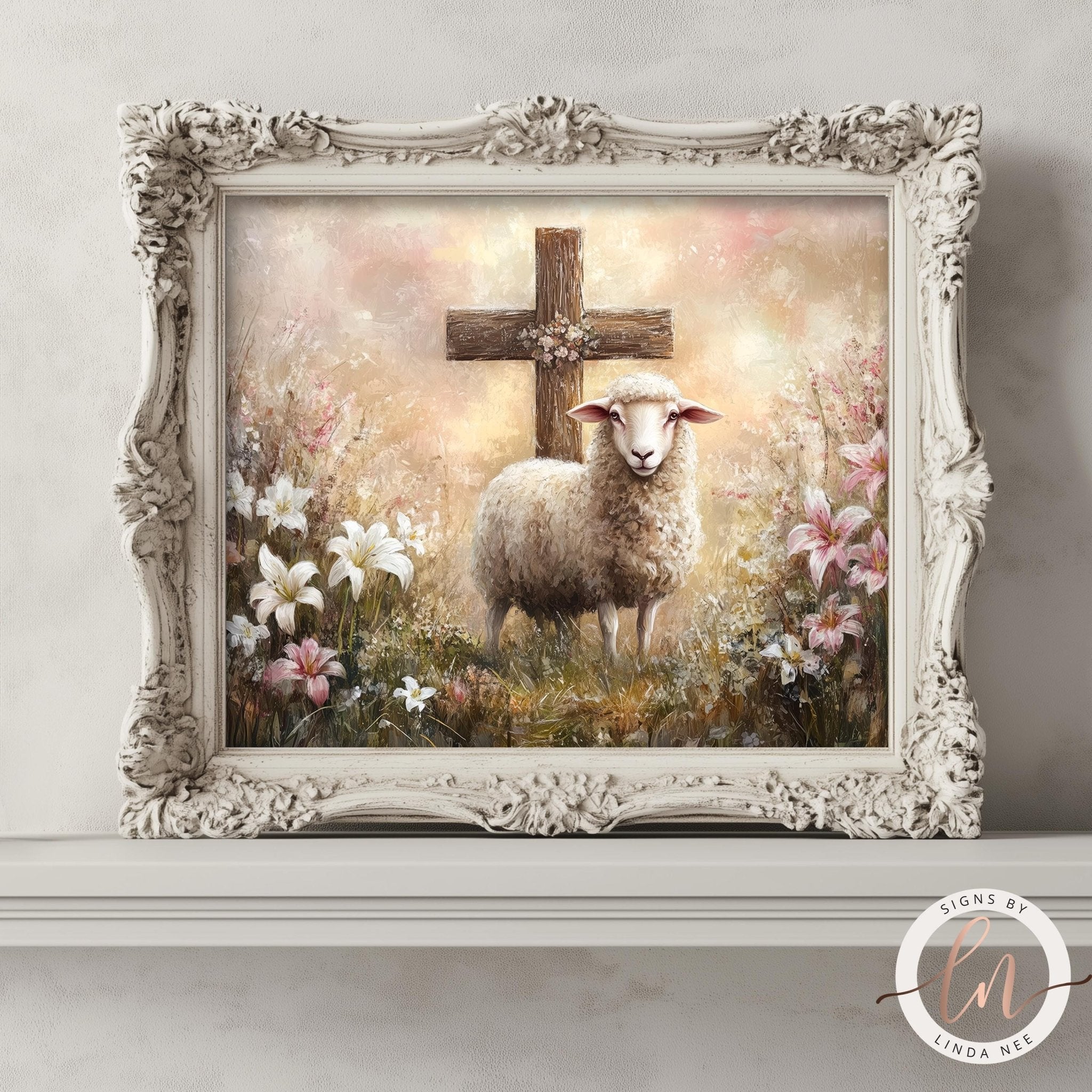 Vintage Easter Lamb & Cross Print