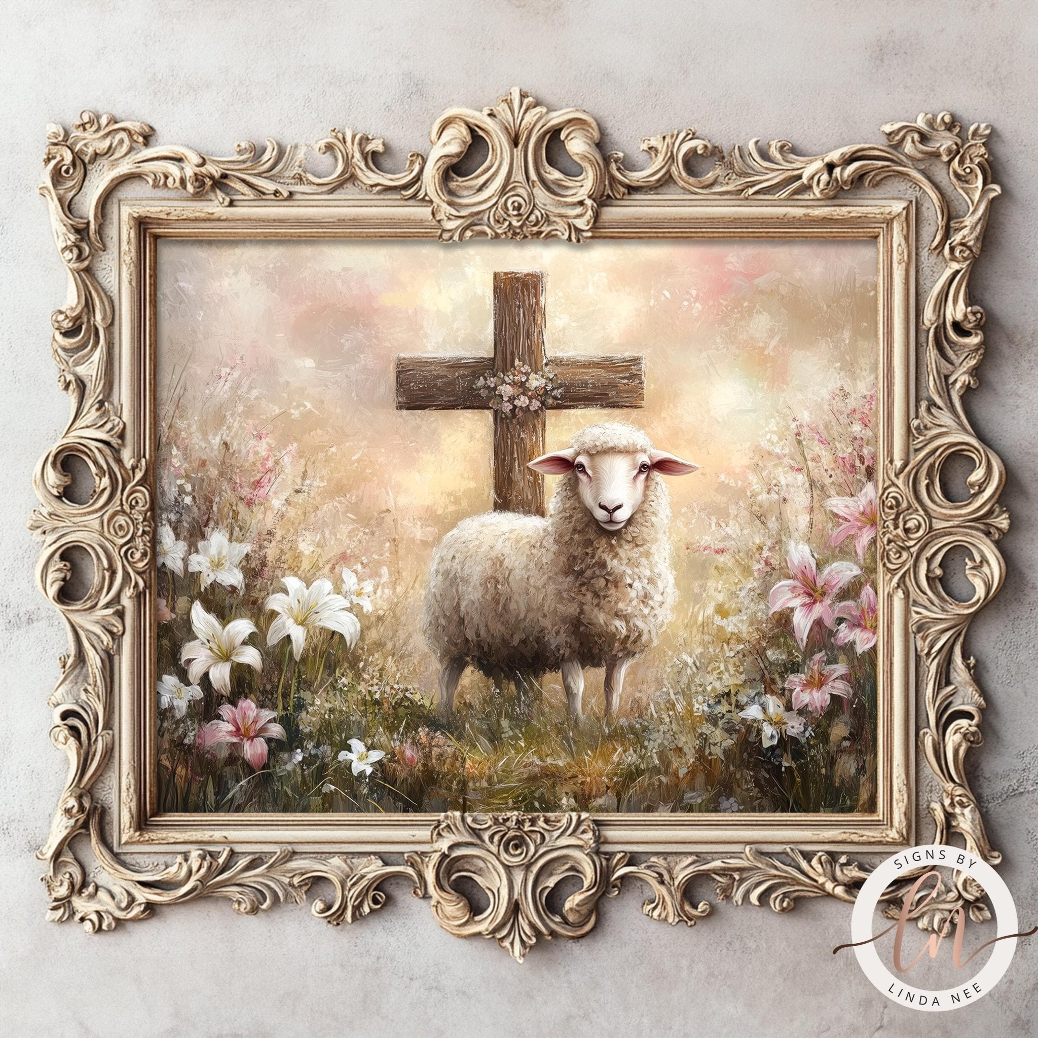 Vintage Easter Lamb & Cross Print