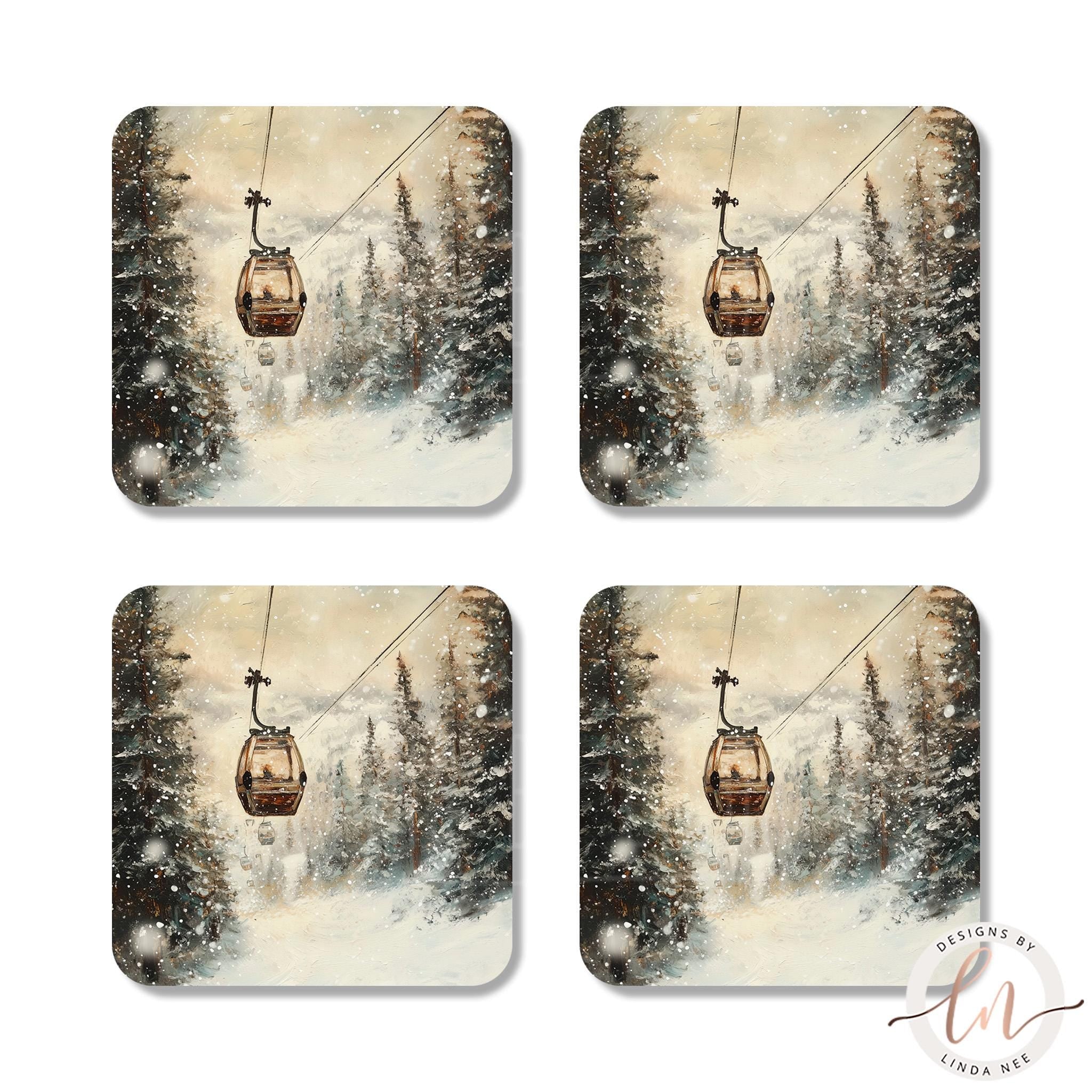 Vintage Gondola Ski Lift Coasters Set - Ski Mountain Art