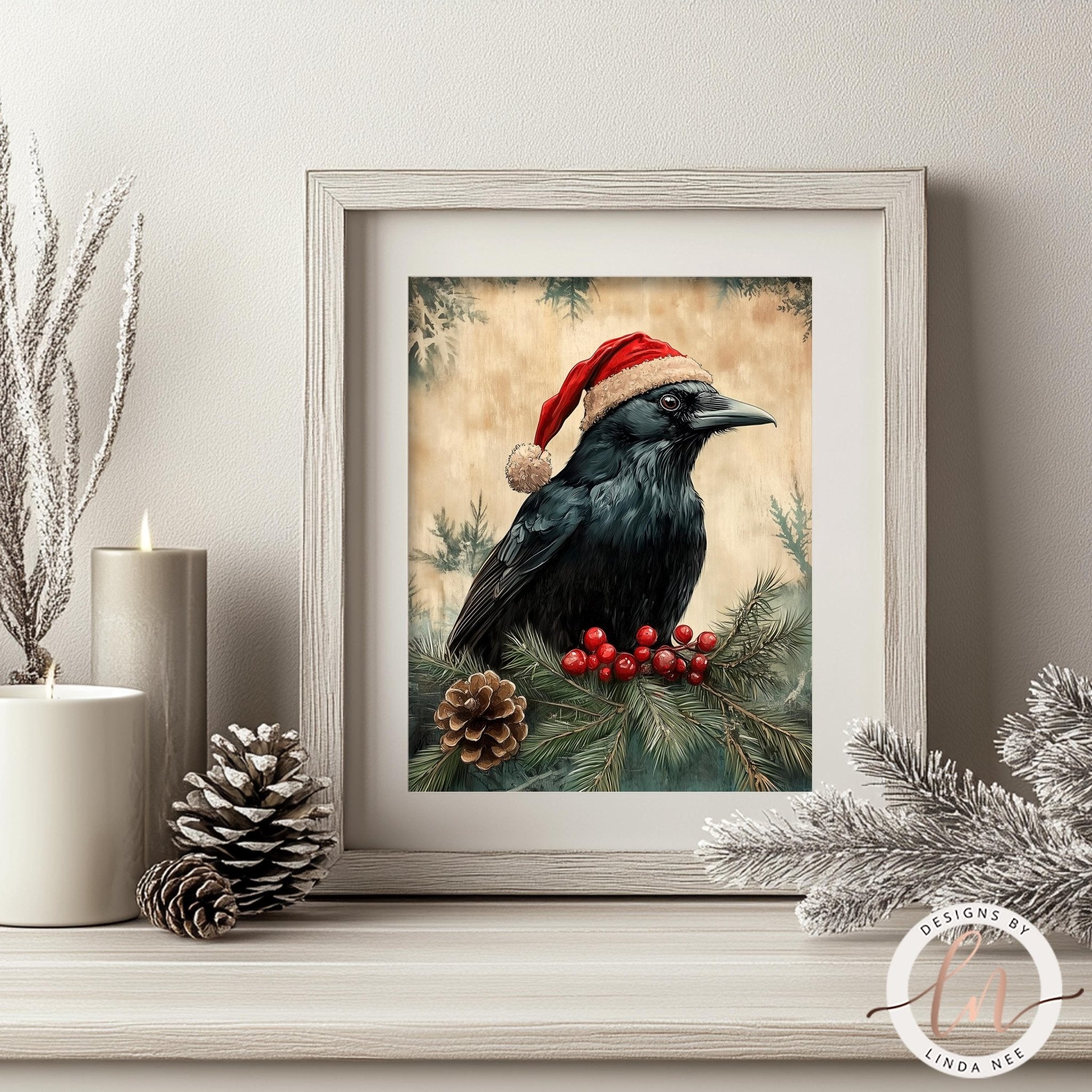 Vintage Santa Raven Christmas Art - Metal & Fine Art Print