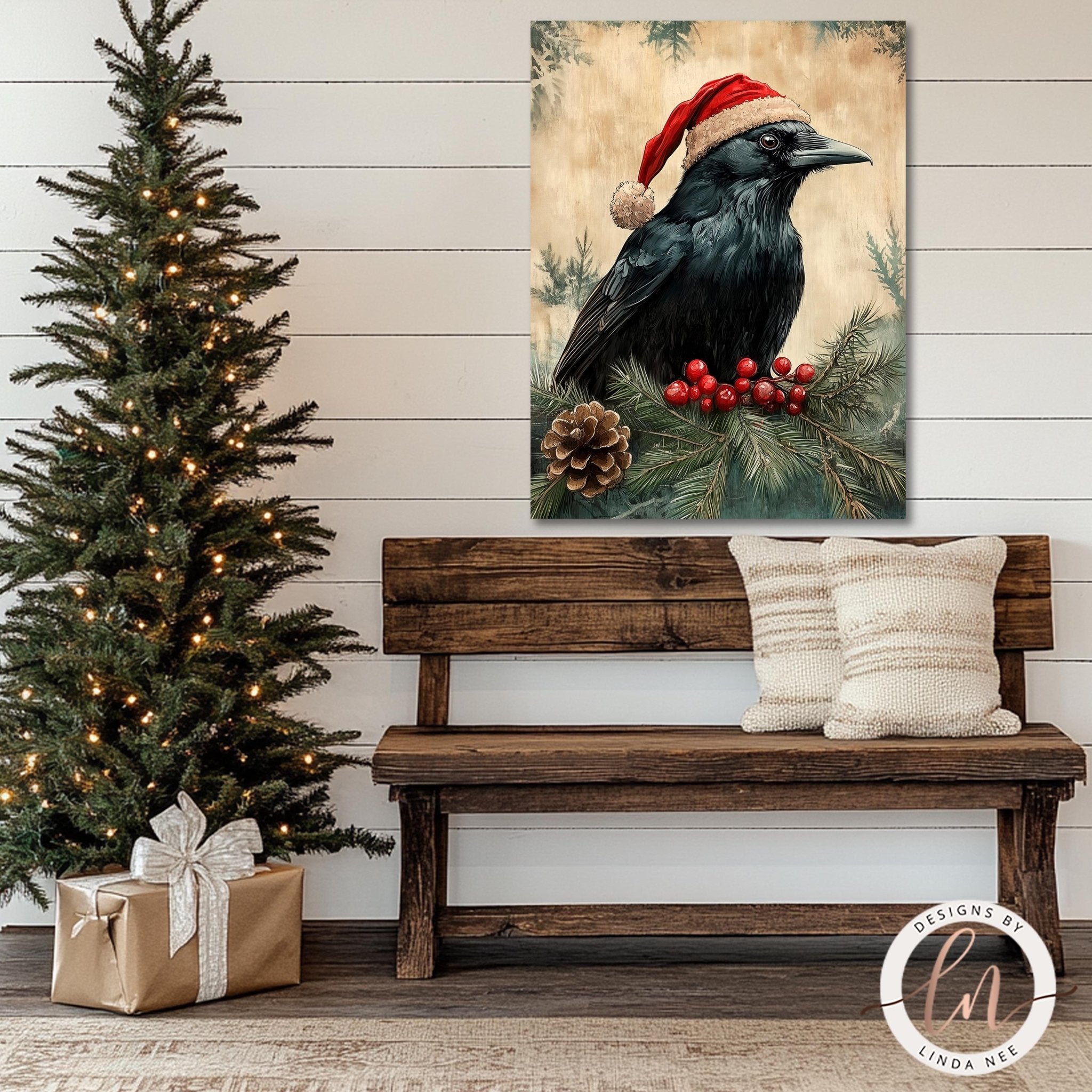 Vintage Santa Raven Christmas Art - Metal & Fine Art Print