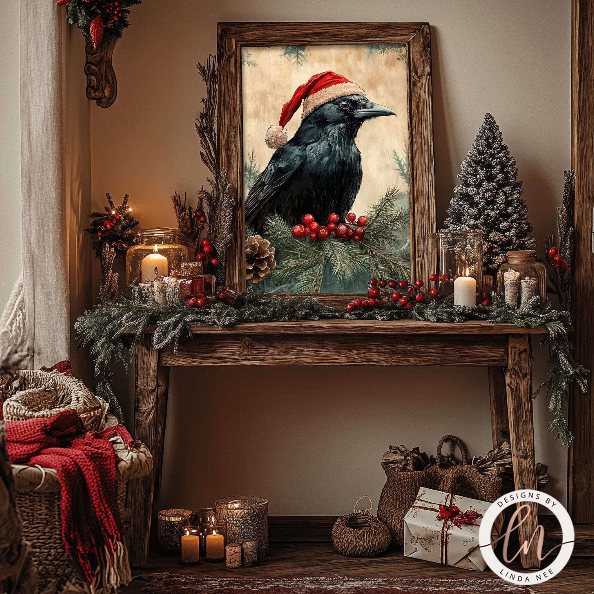 Vintage Santa Raven Christmas Art - Metal & Fine Art Print