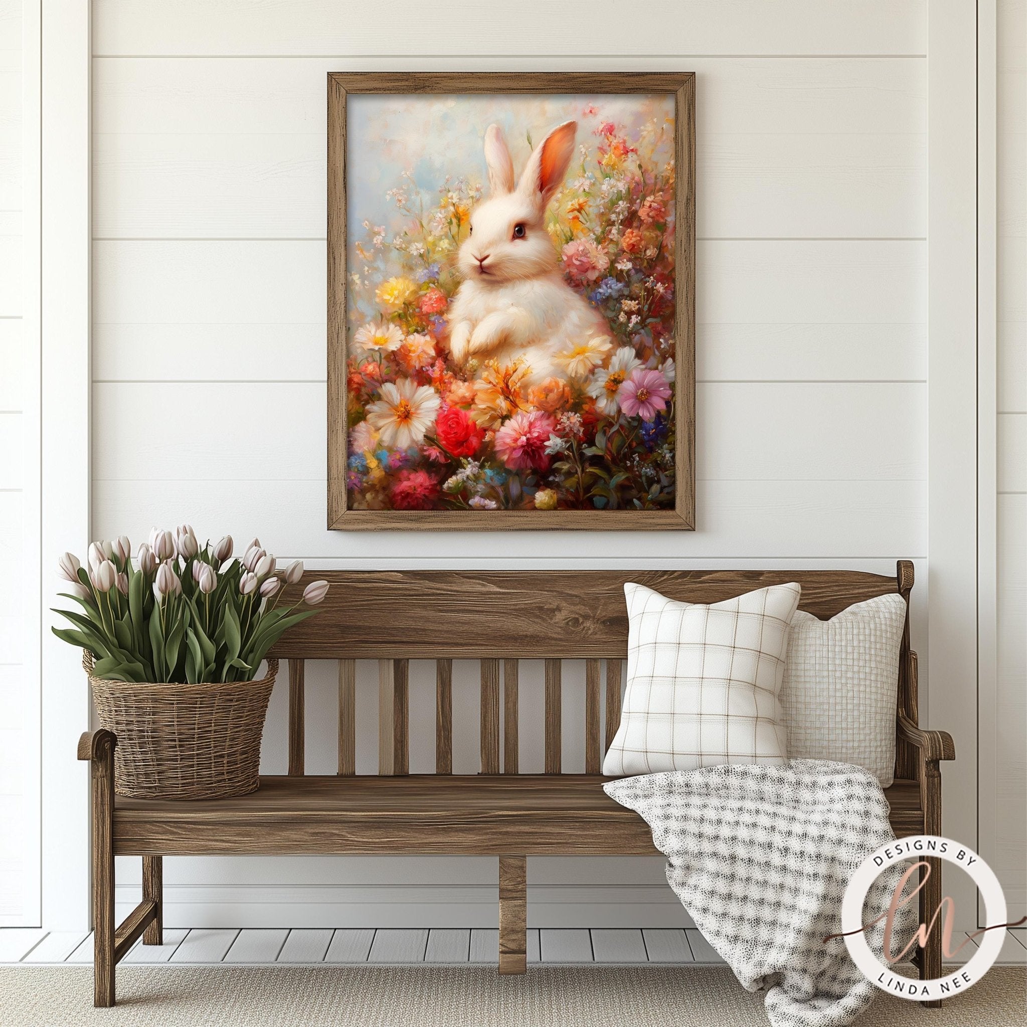 Whimsical Bunny in Garden Print - Easter Spring Floral ArtDesigns by Linda Nee