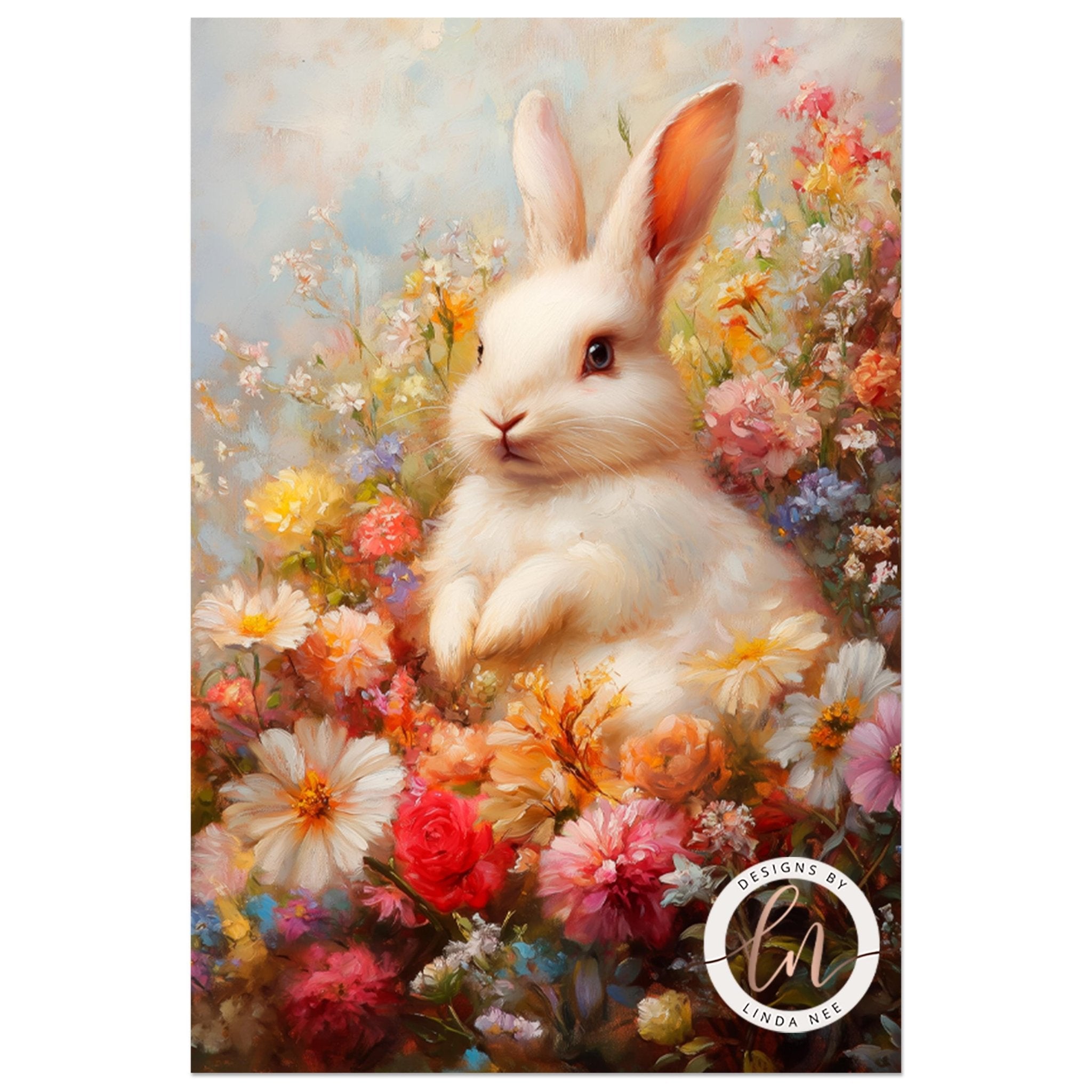 Whimsical Bunny in Garden Print - Easter Spring Floral Art