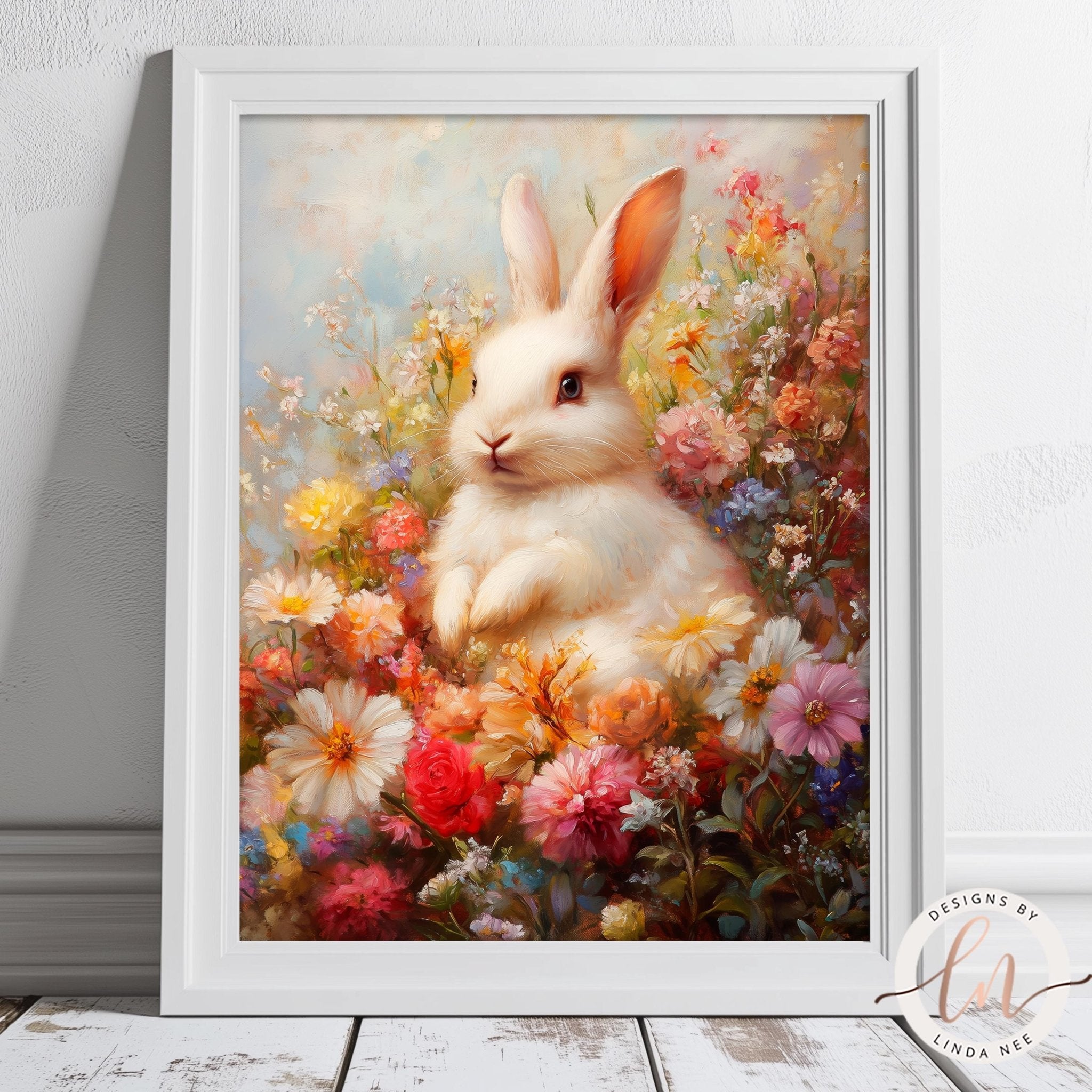 Whimsical Bunny in Garden Print - Easter Spring Floral ArtDesigns by Linda Nee