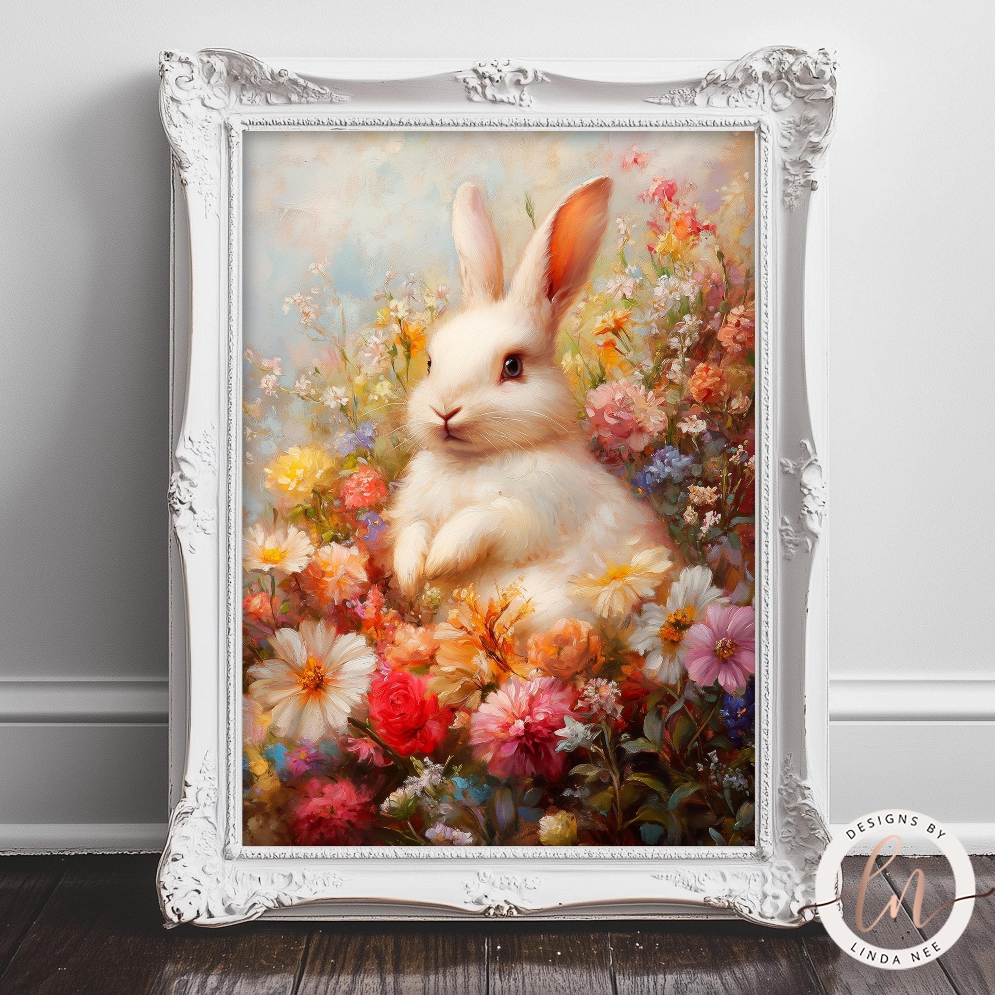 Whimsical Bunny in Garden Print - Easter Spring Floral ArtDesigns by Linda Nee