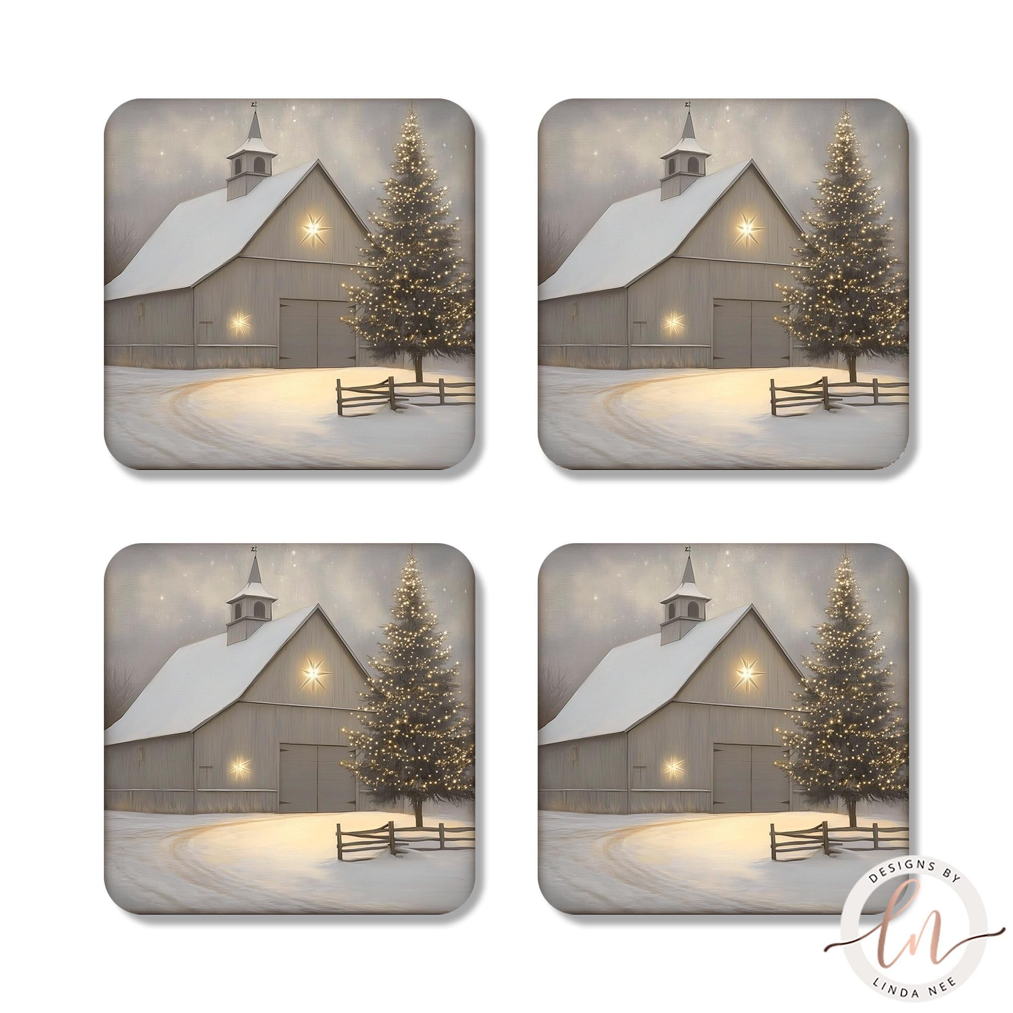 Winter Barn Coasters Set - Christmas Tree Nature Decor