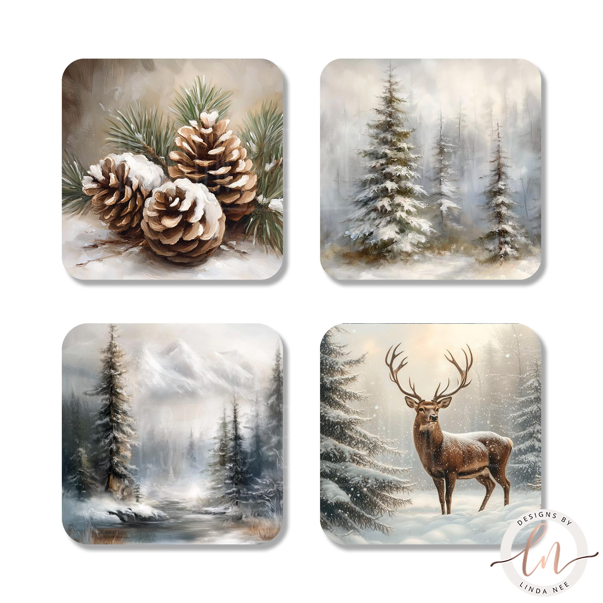 Winter Coasters Set - Vintage Mountain Pinecone Deer Art