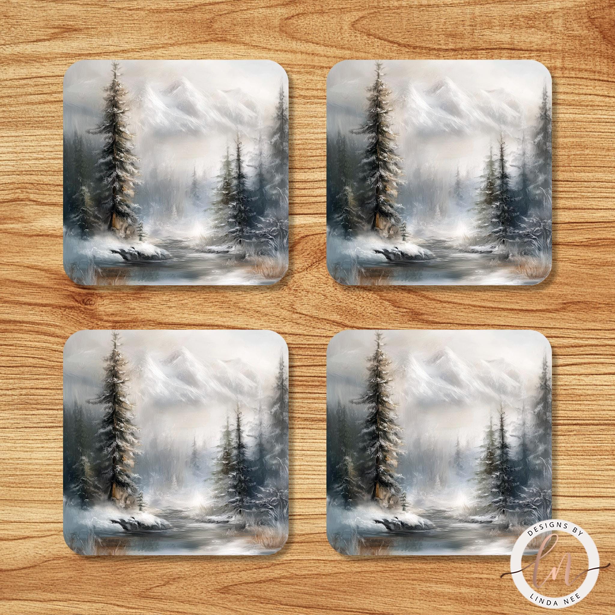 Winter Landscape Coasters Set - Christmas Tree Rustic Art