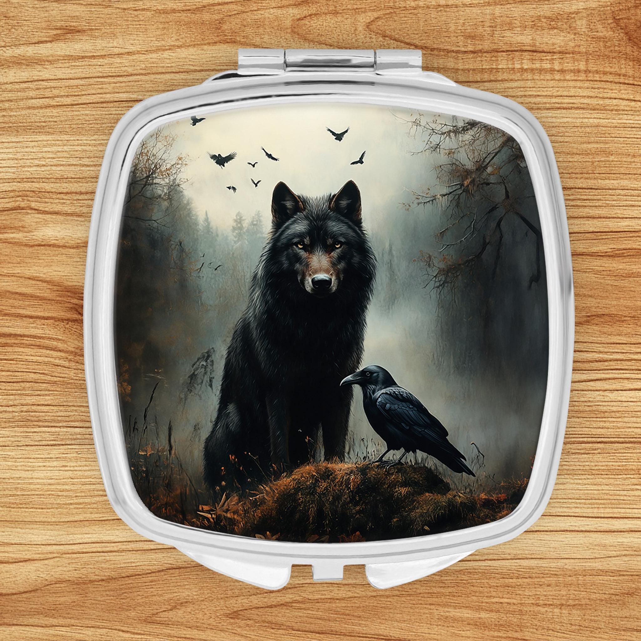 Wolf & Raven Compact Mirror - Norse Mythology Goth Gift