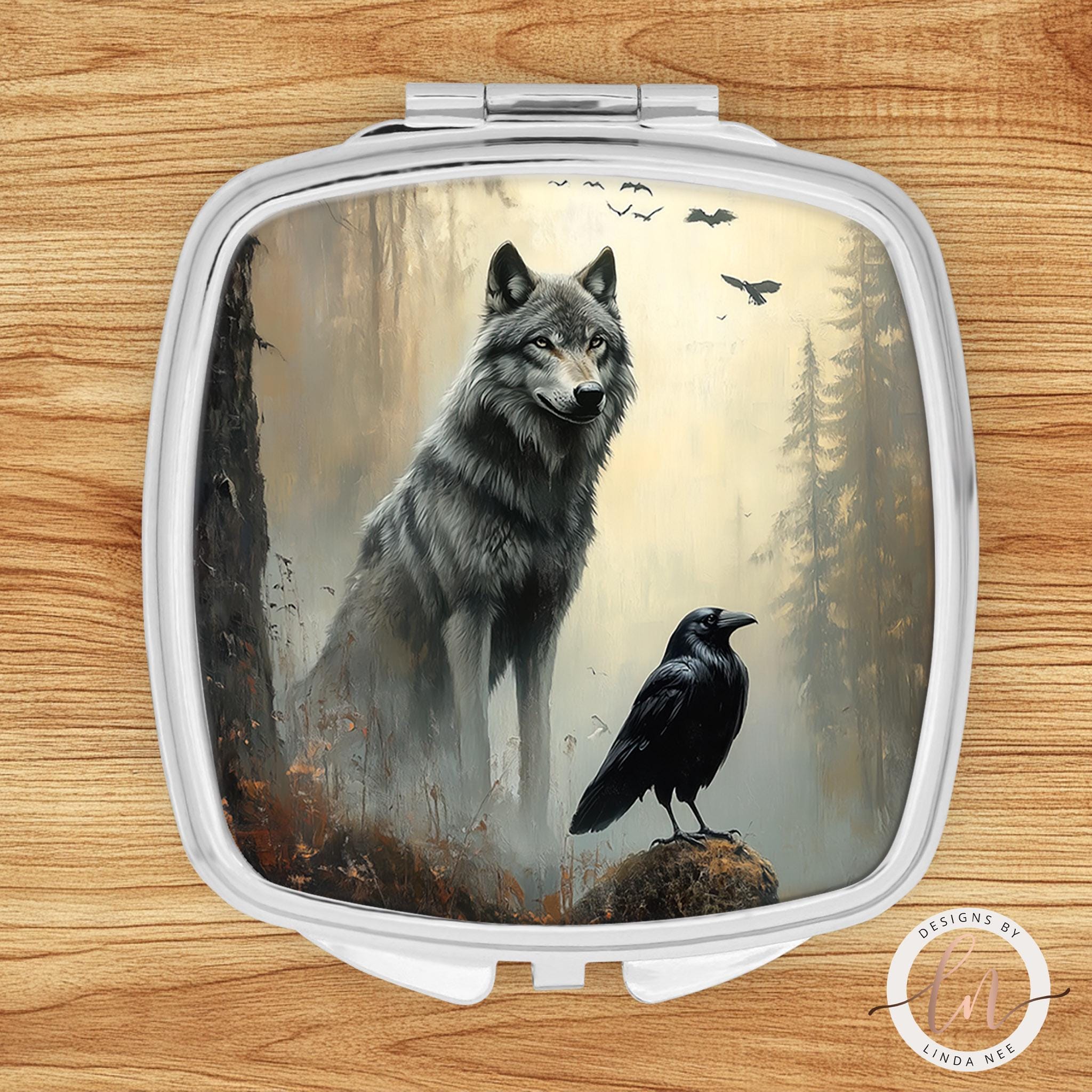 Wolf & Raven Compact Mirror - Norse Mythology Goth Gift