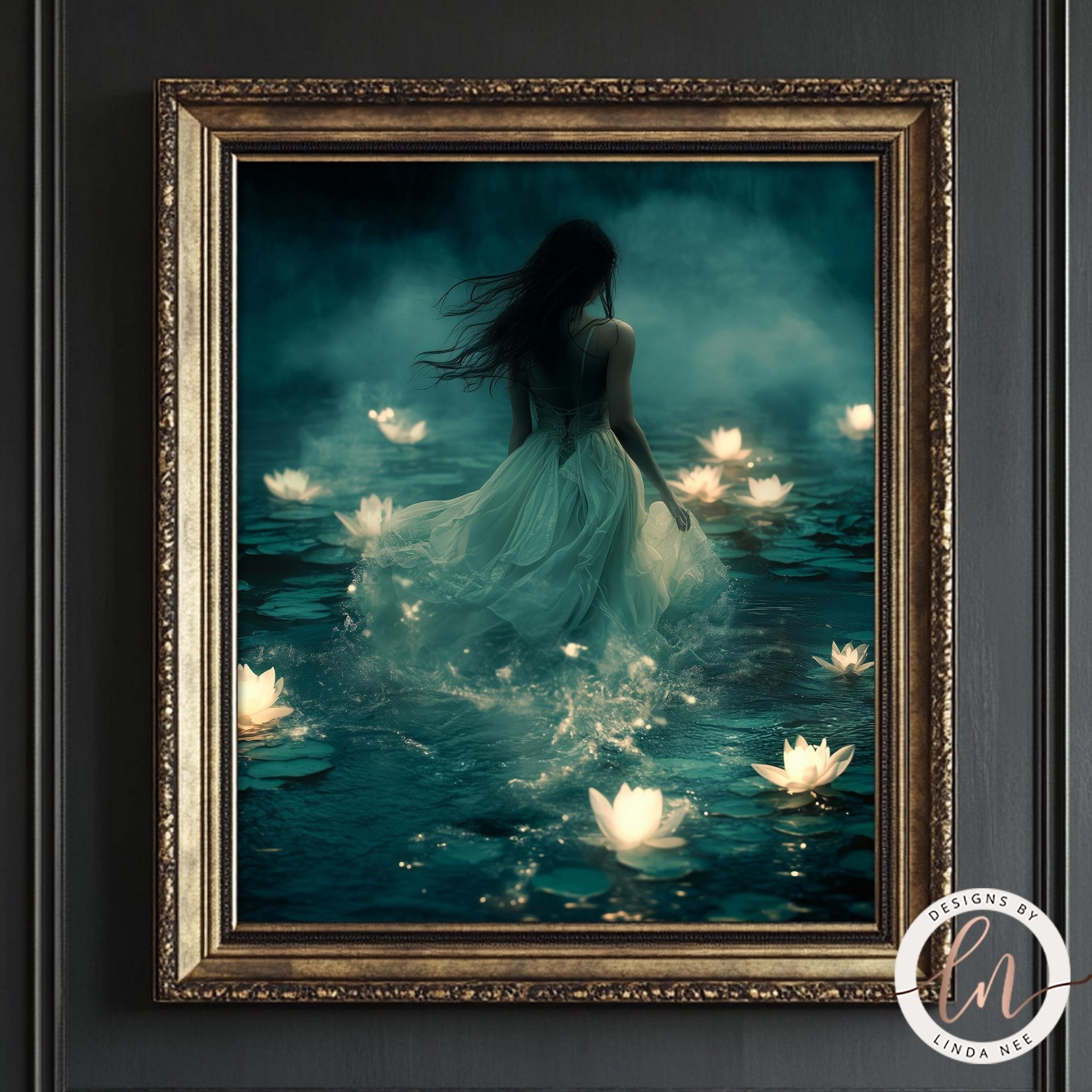 Woman in Lake Glowing Lilies Print