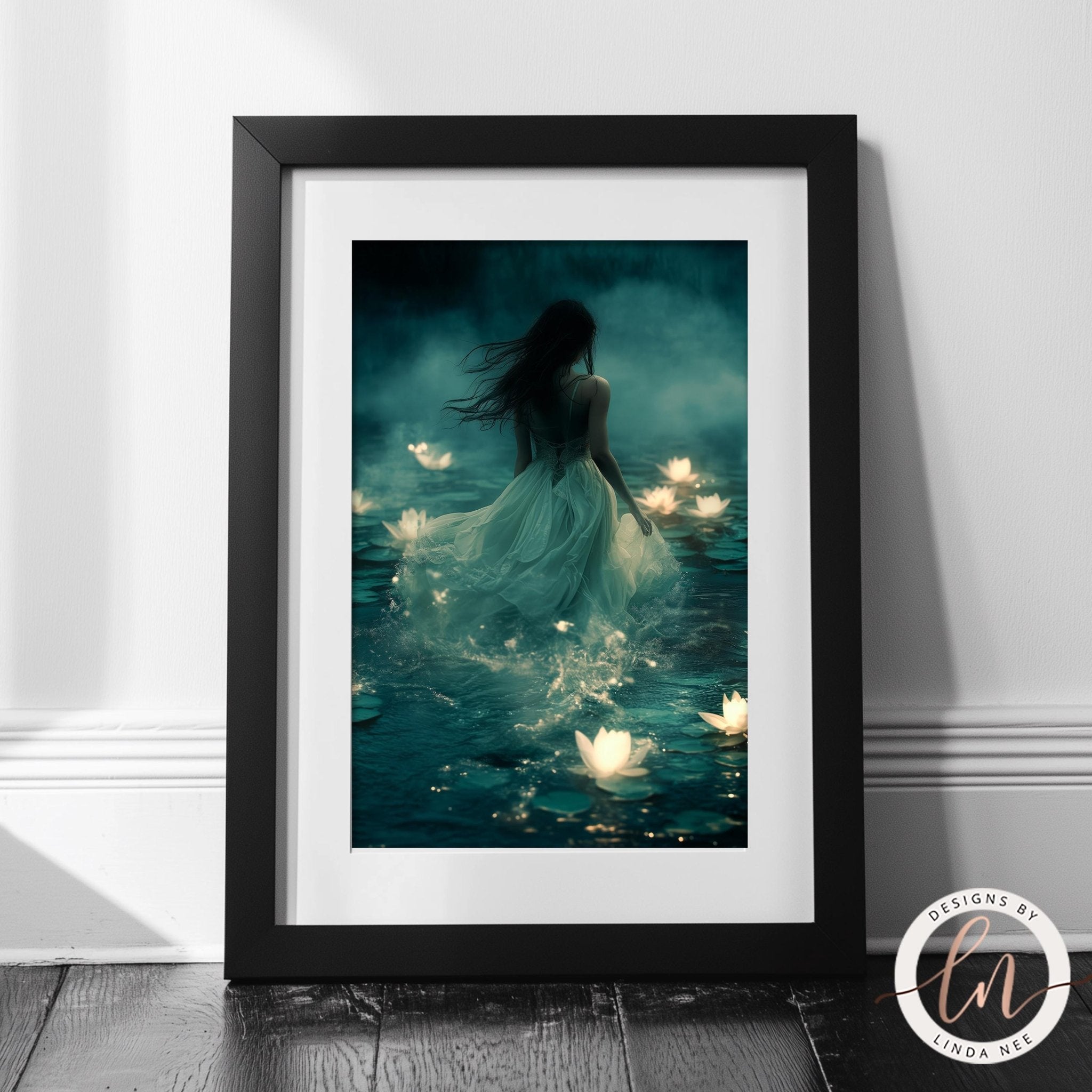 Woman in Lake Glowing Lilies Print