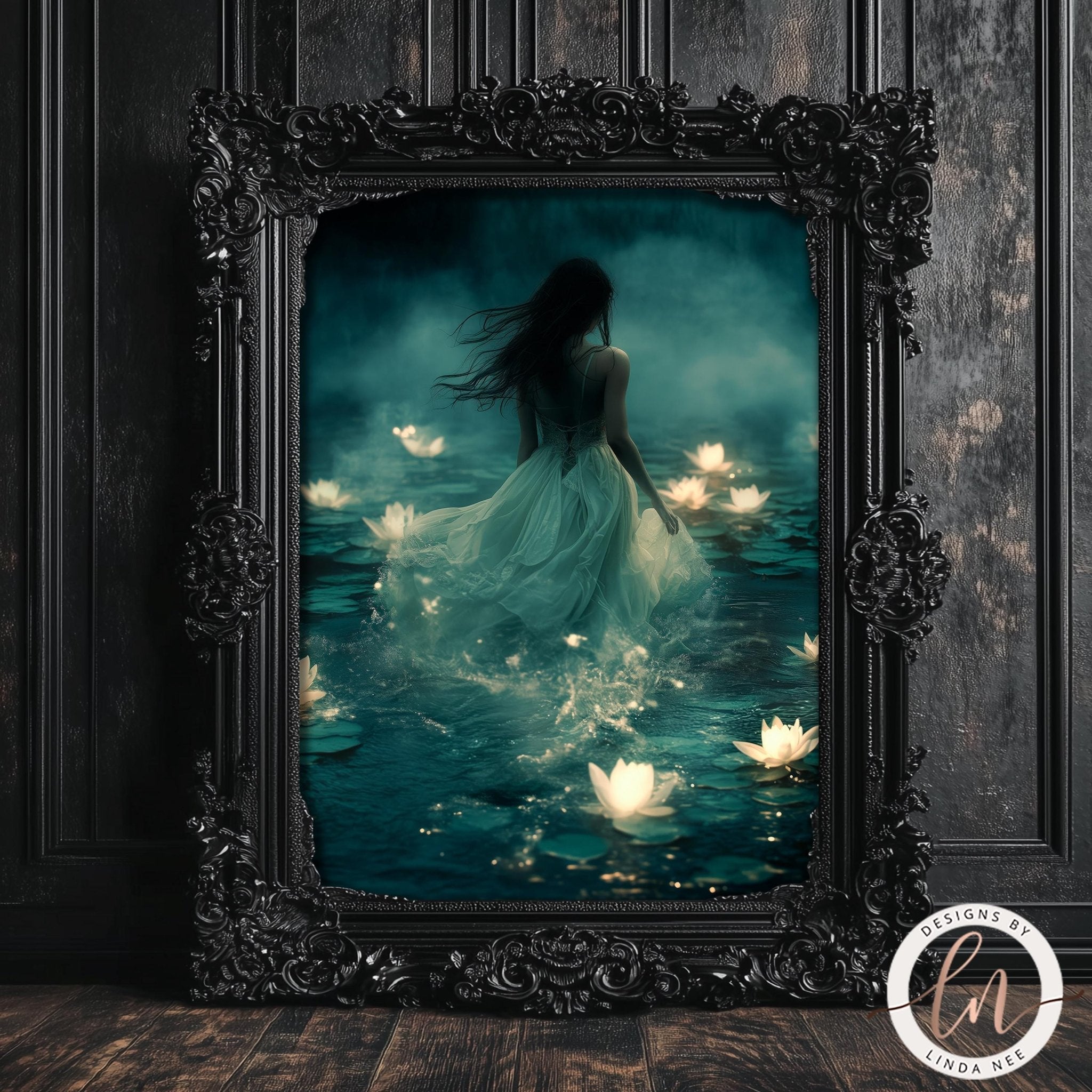 Woman in Lake Glowing Lilies Print